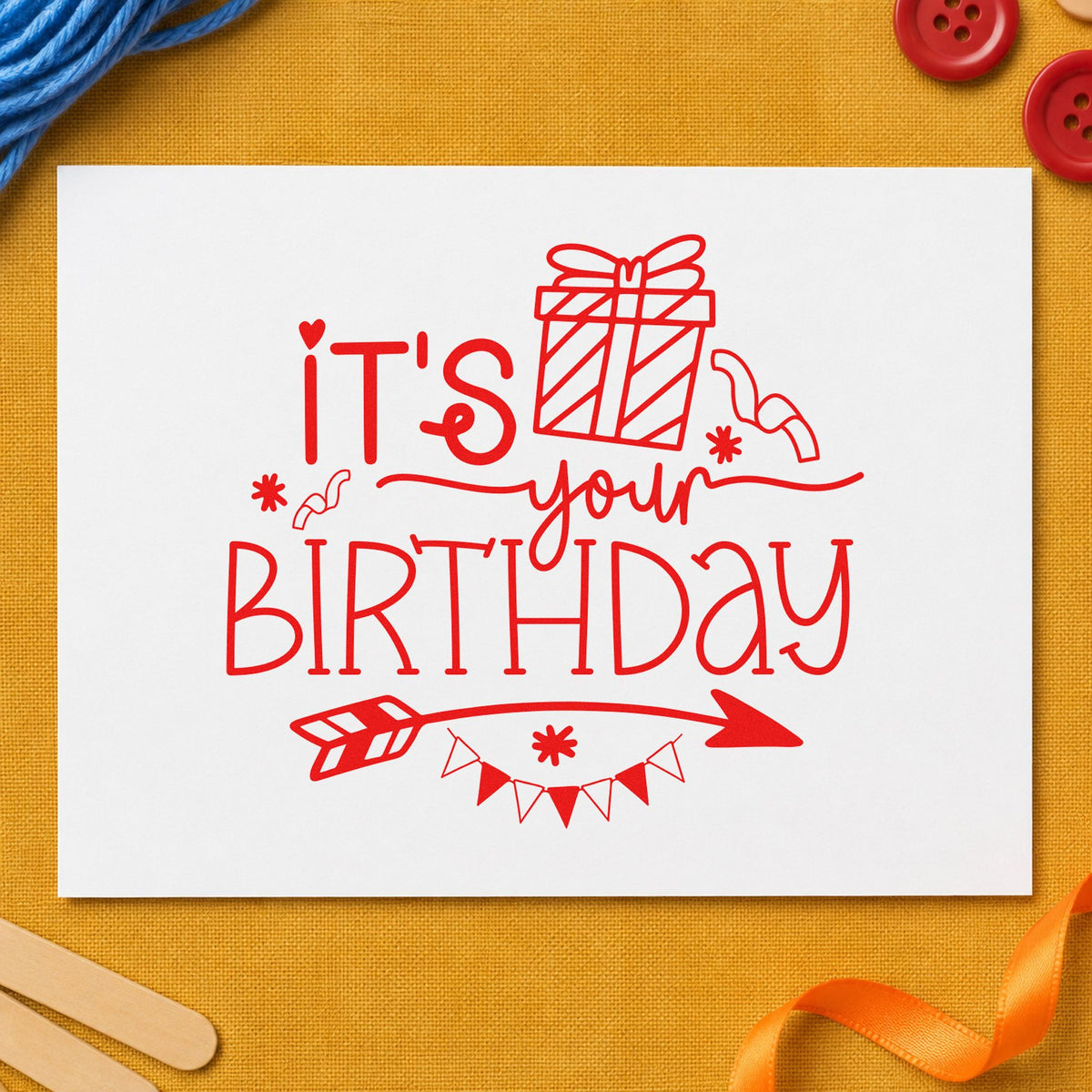 Your Birthday Gift Arrow rubber stamp shown in red ink, stamped for projects such as bin prize labels.