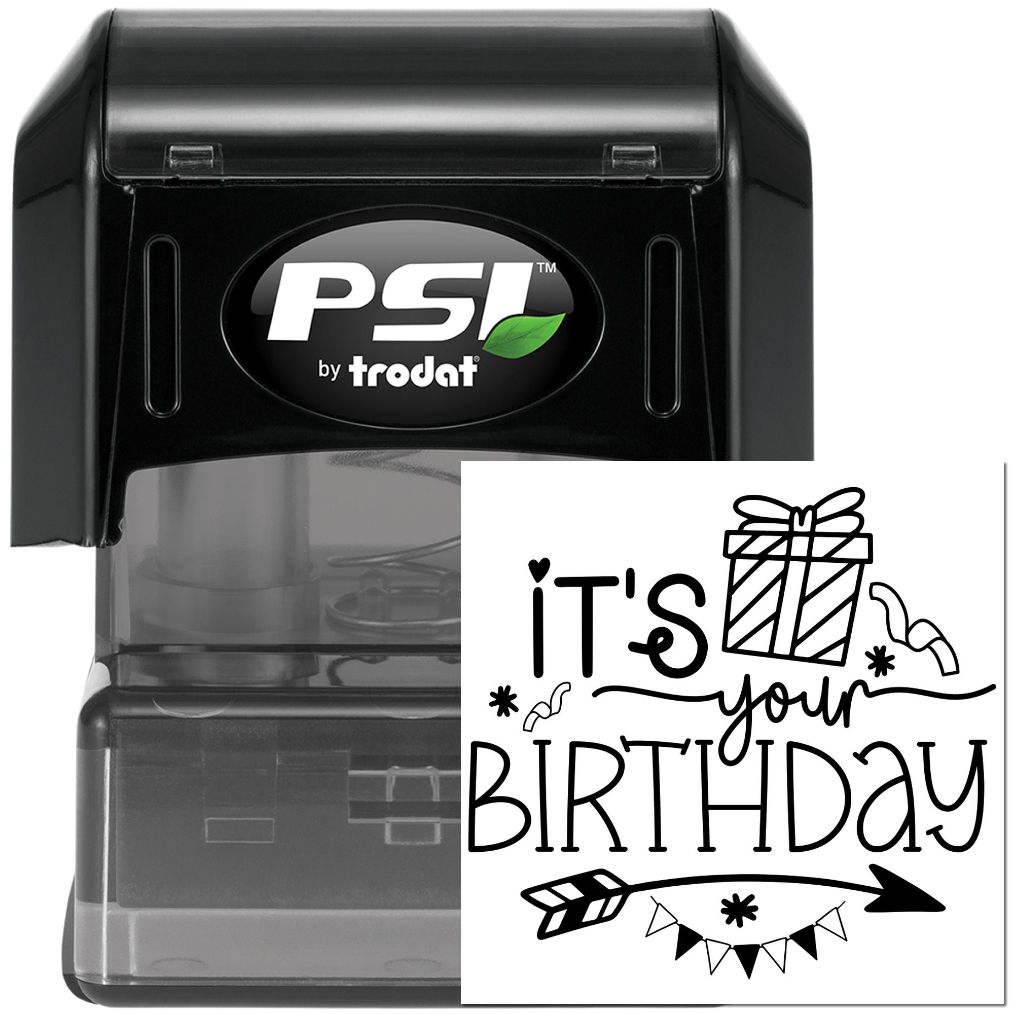 PSI by Trodat self-inking birthday rubber stamp with Its your birthday greeting design for custom party stamping.