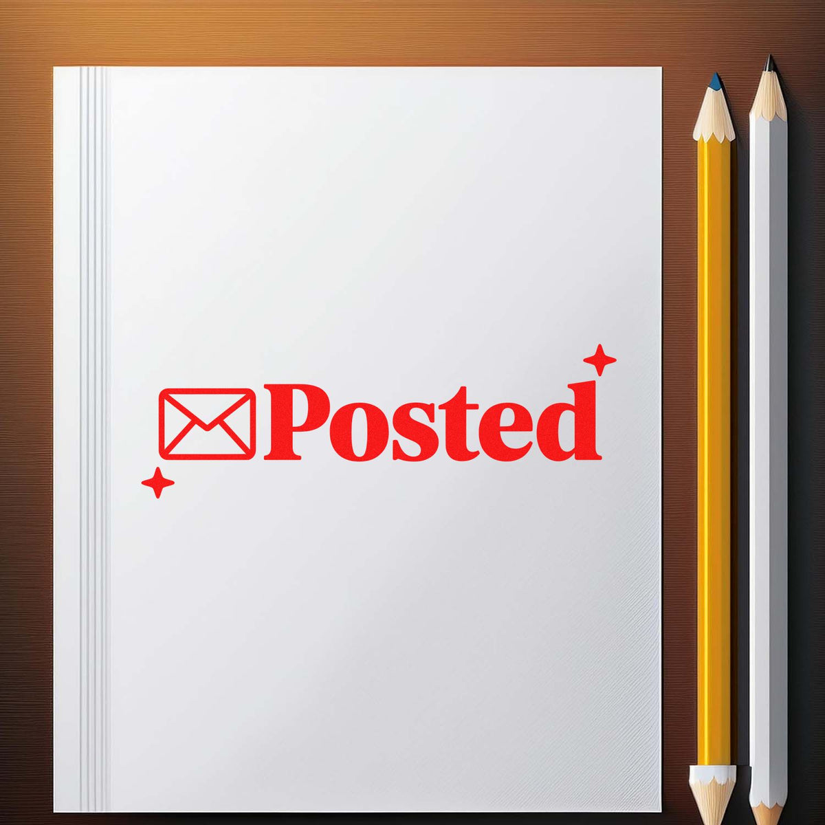 Red Posted rubber stamp with envelope icon on blank notebook page, ideal for mail, approval, or office workflow marking.