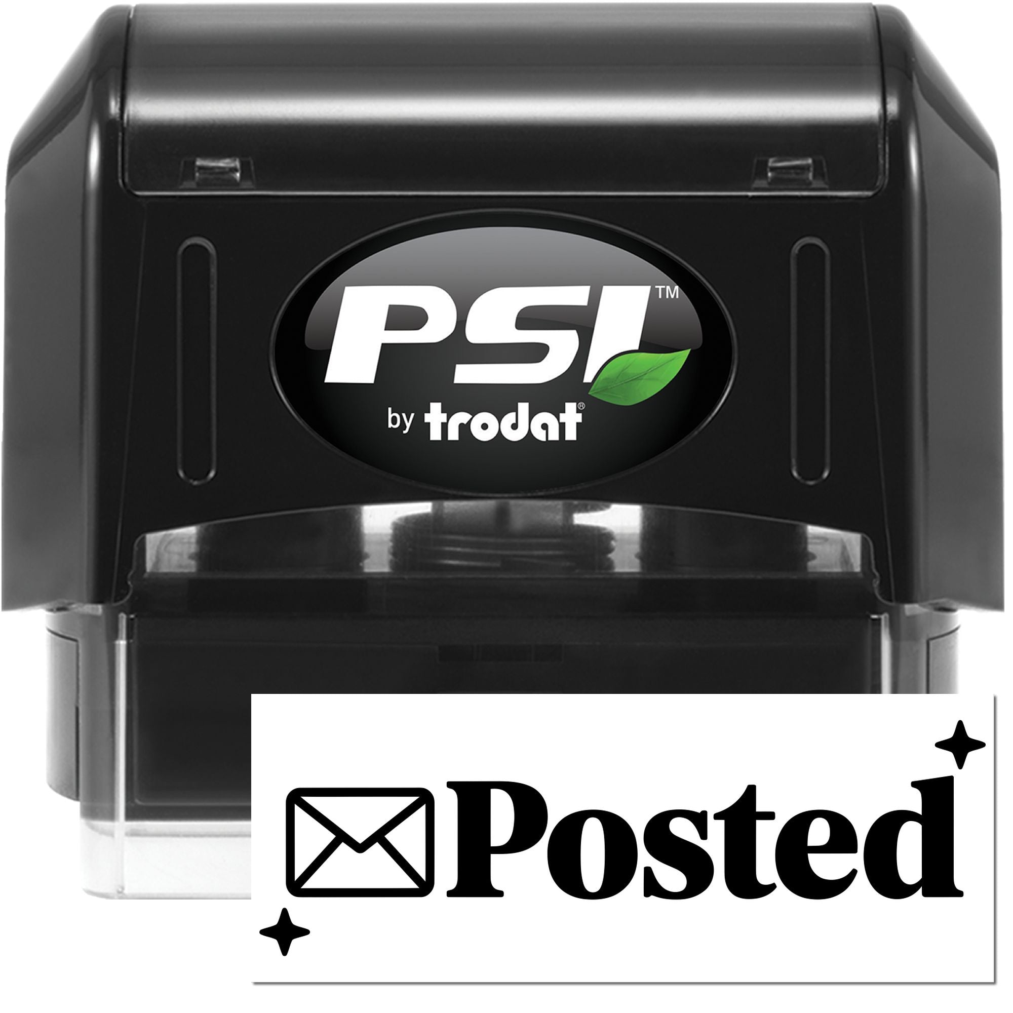 PSI by Trodat self-inking rubber stamp with Posted mark and envelope icon for mailing and office approval.