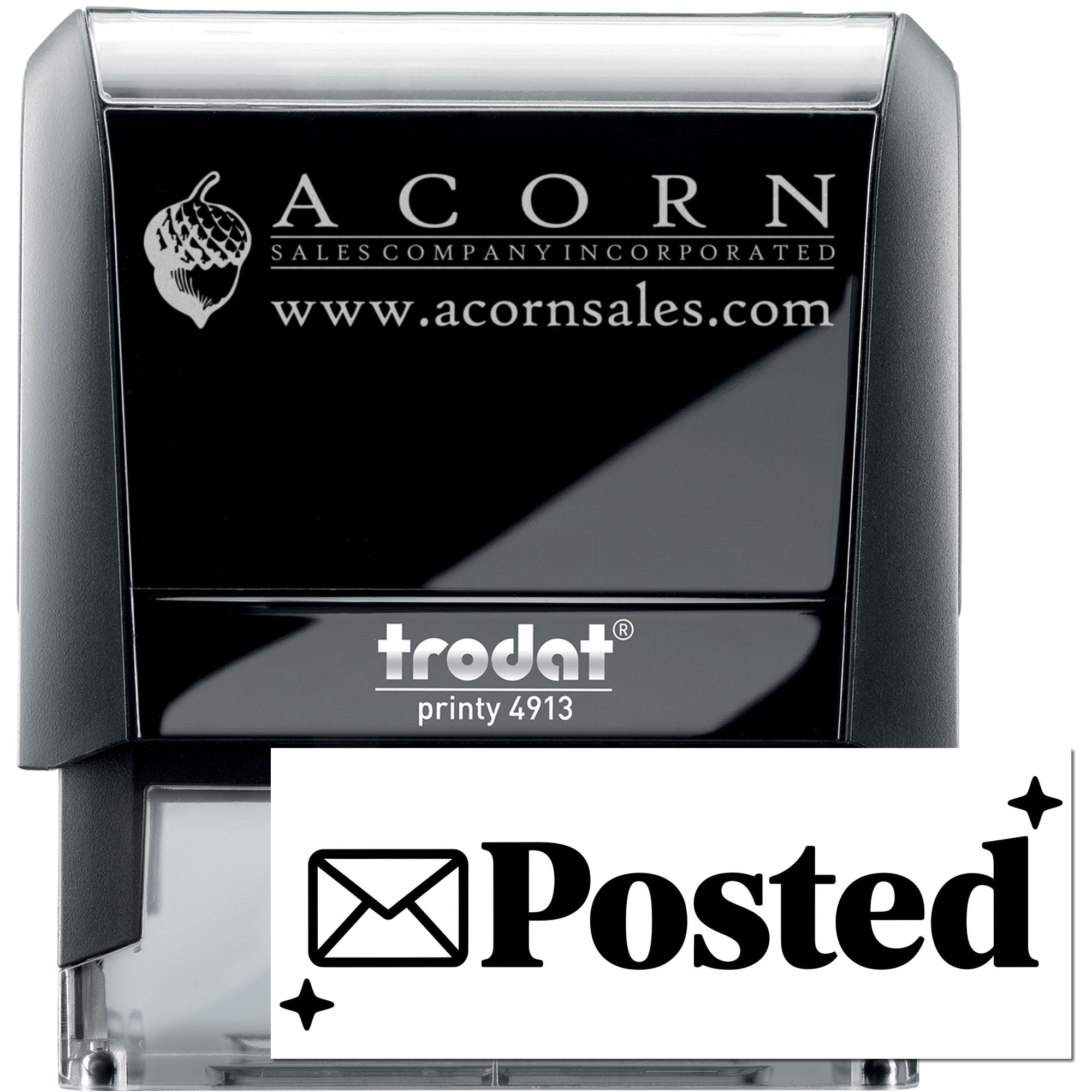 Custom self-inking rubber stamp for Acorn Sales Company with Posted imprint for office mail and document handling.