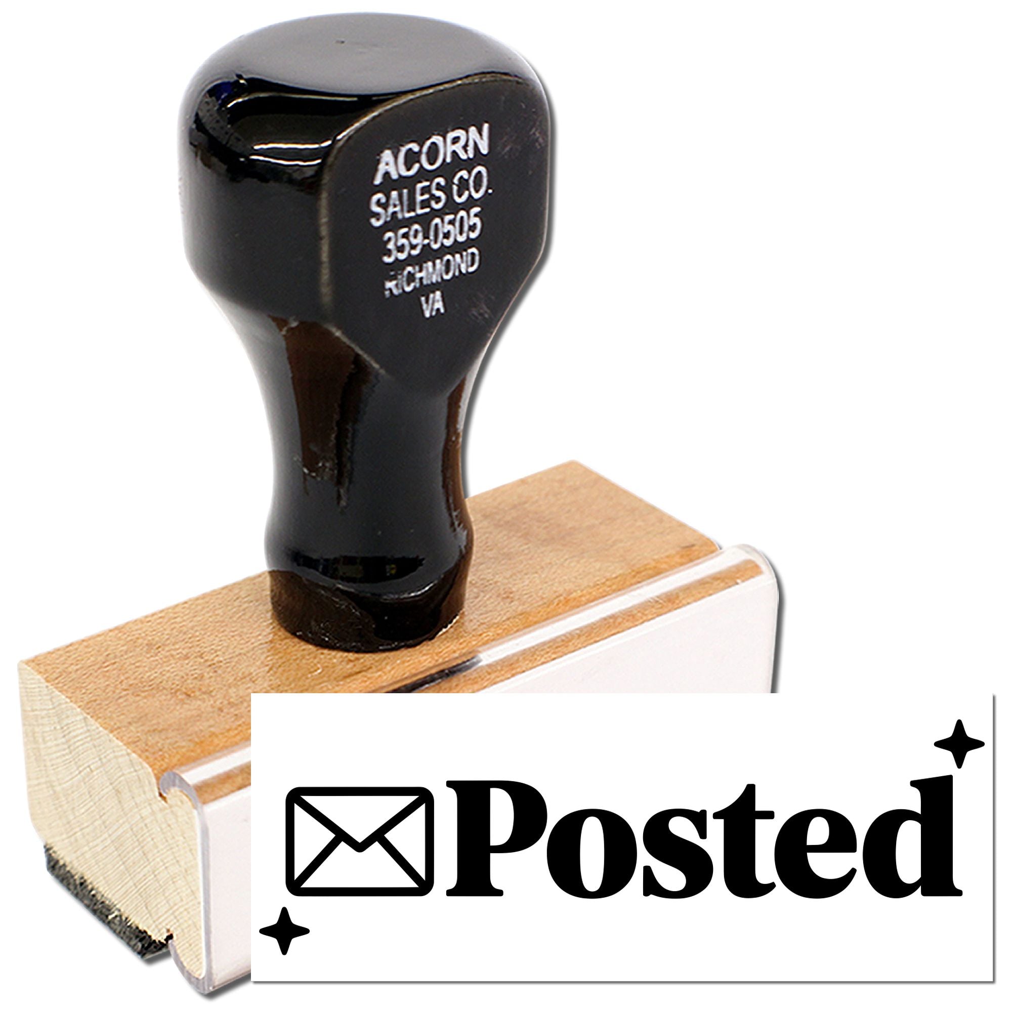 Wooden rubber stamp with Posted impression and envelope icon for business mail and office document marking.
