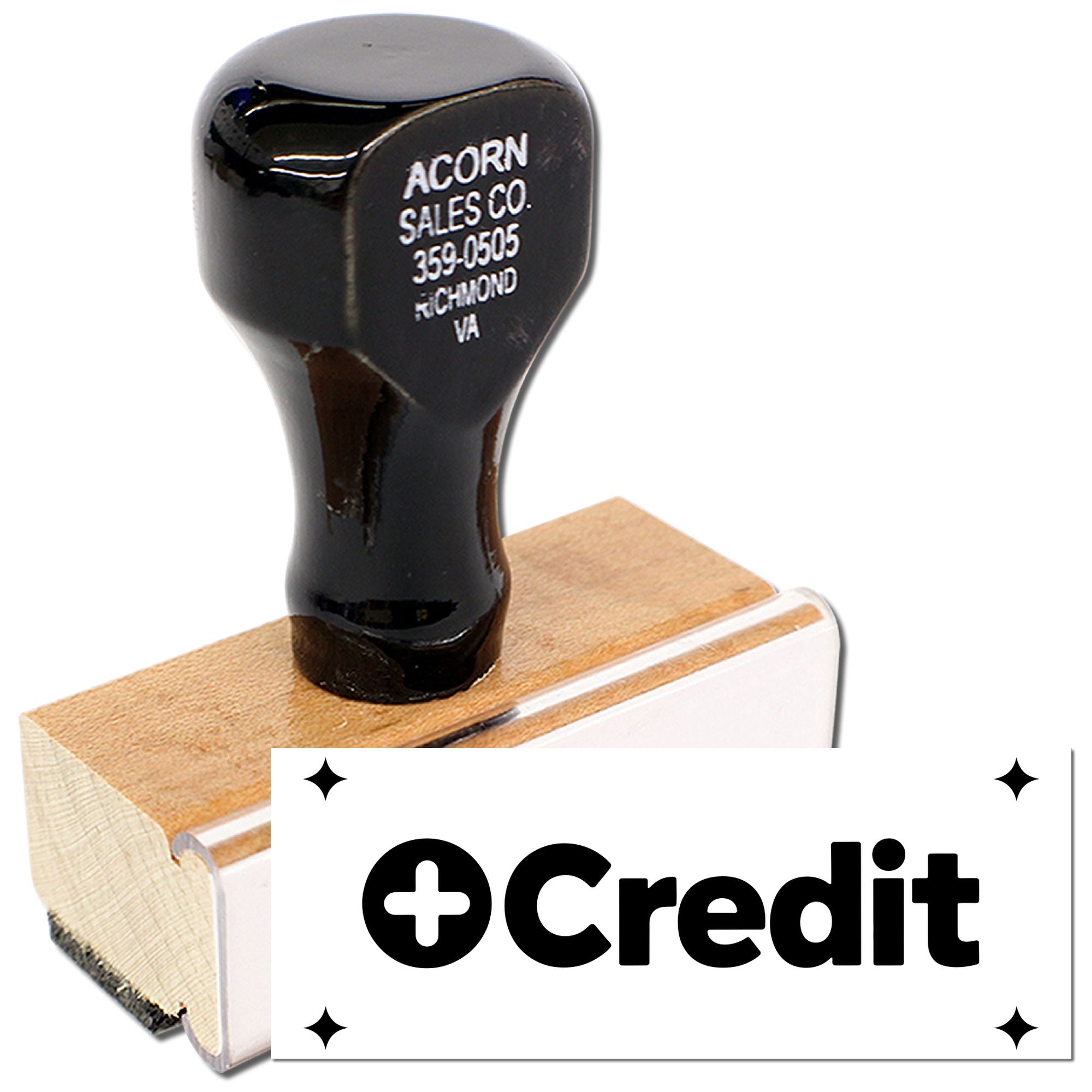 Custom +Credit rubber stamp with wooden handle for marking invoices and accounting records.