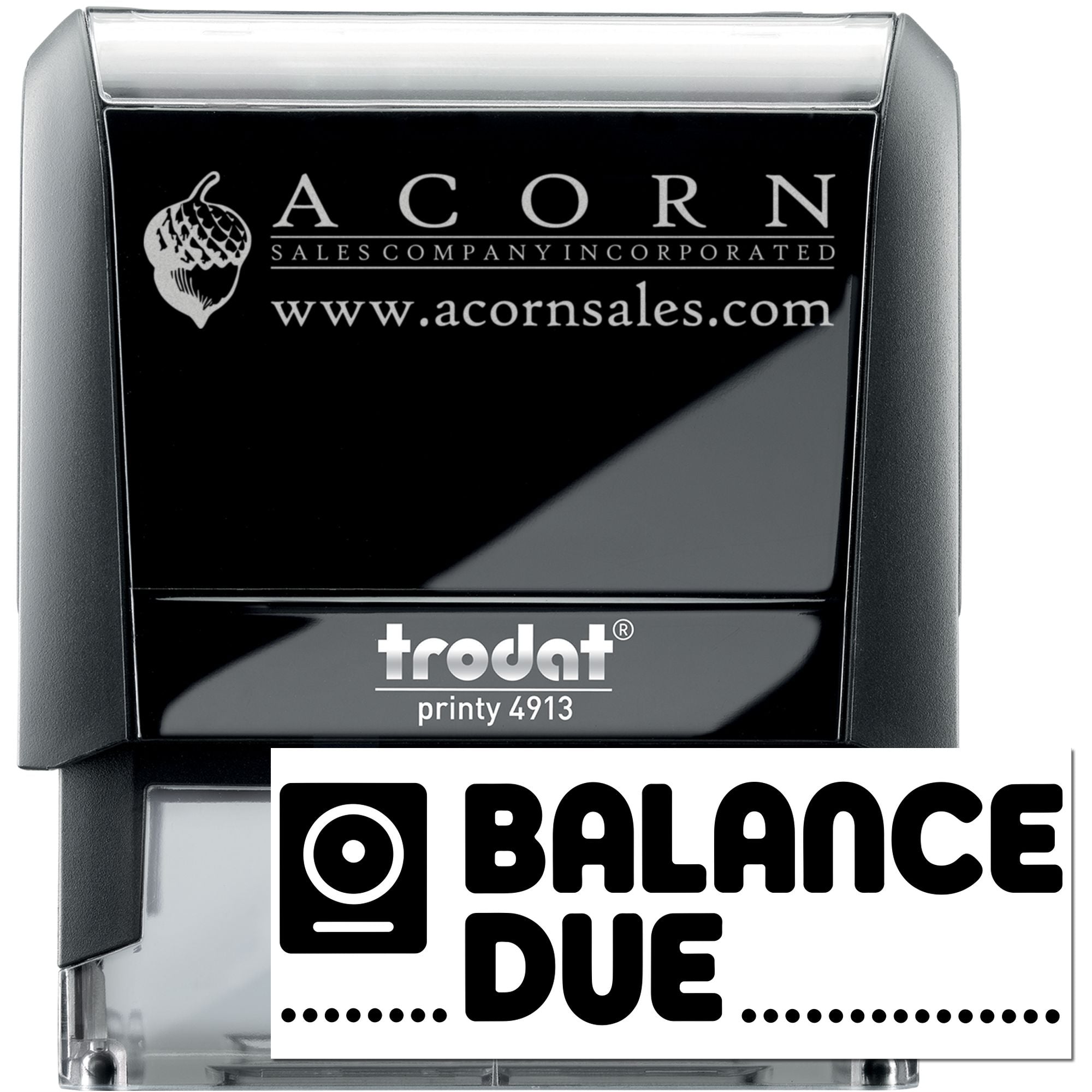 Custom Trodat self-inking rubber stamp with Acorn Sales logo and Balance Due imprint for business paperwork