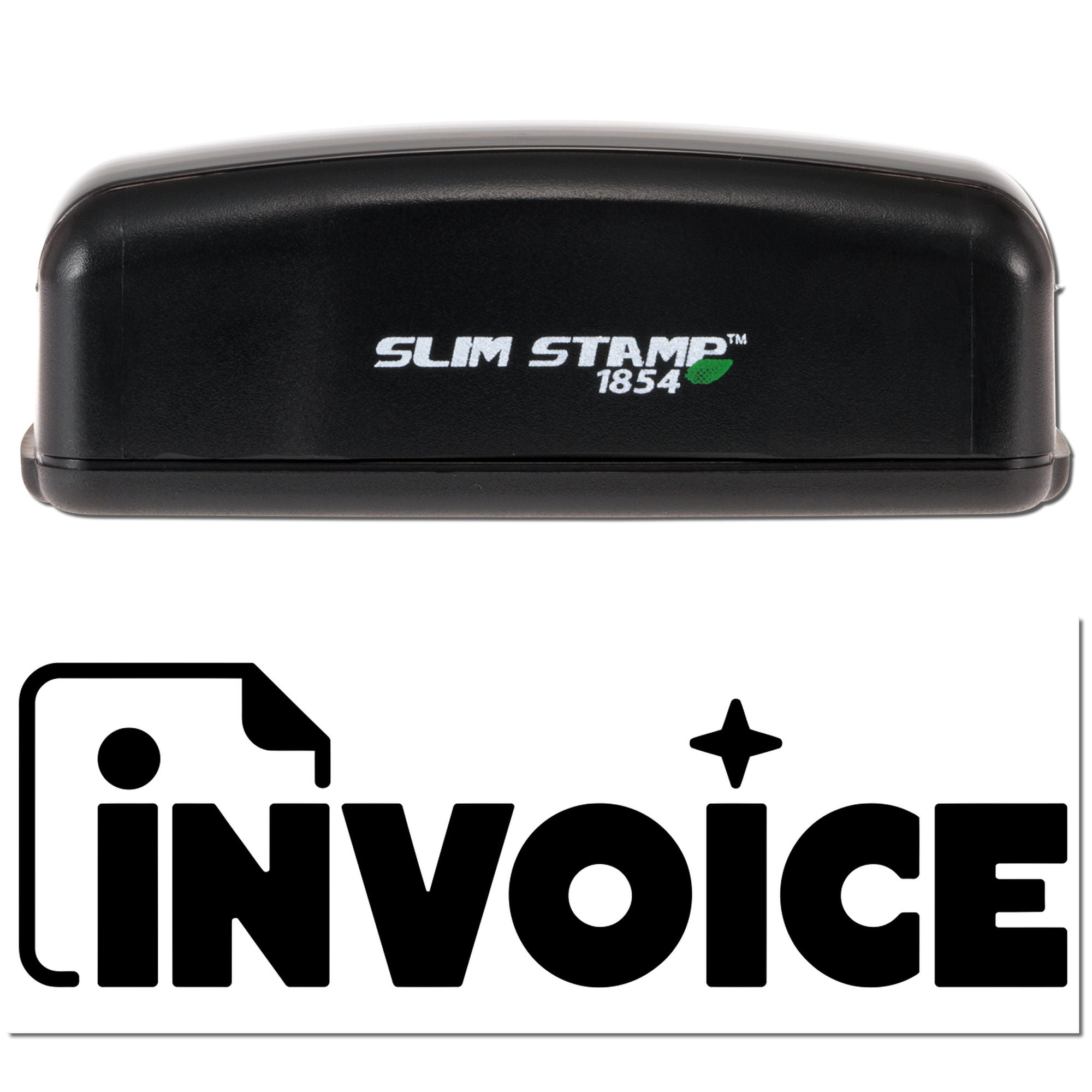 Slim Stamp 1854 black self-inking rubber stamp with INVOICE logo, ideal for marking invoices and bookkeeping.