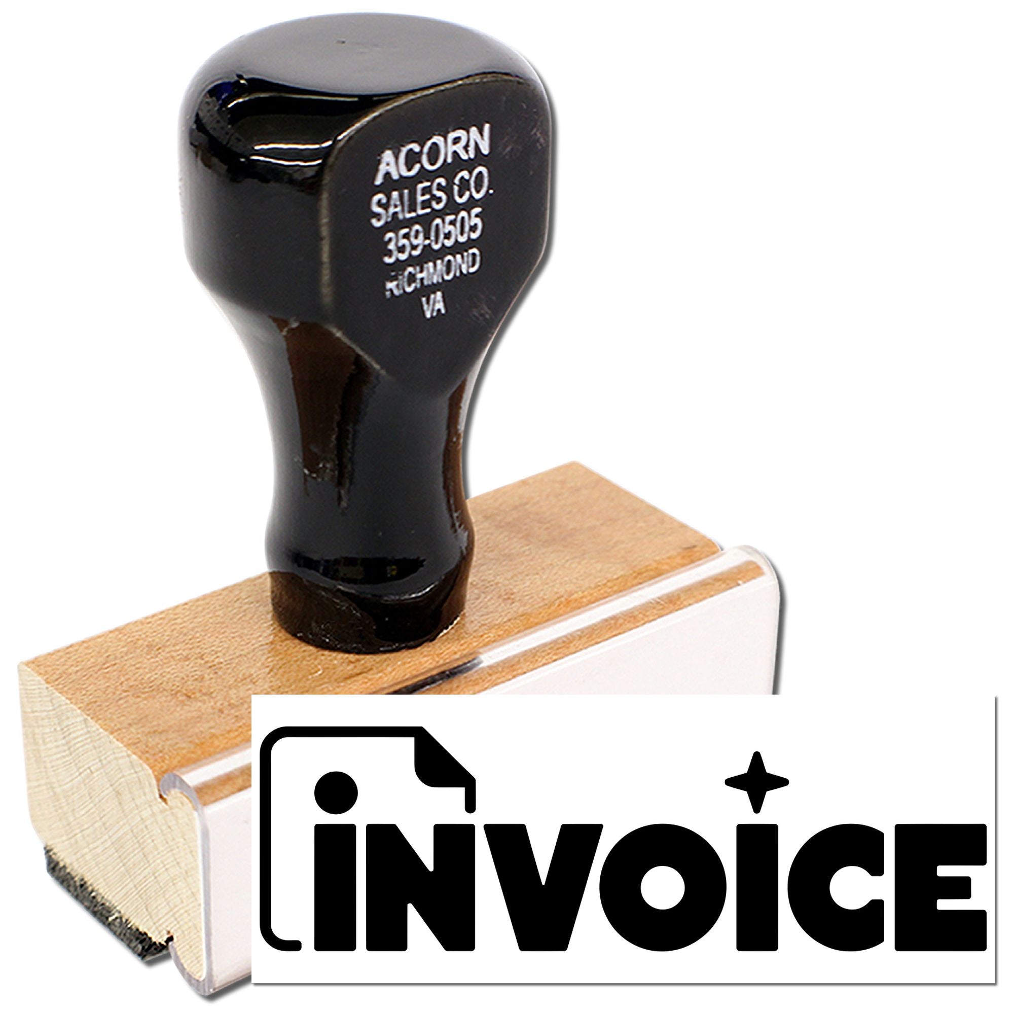 Custom invoice rubber stamp with wood handle for business billing, accounting, and office paperwork.