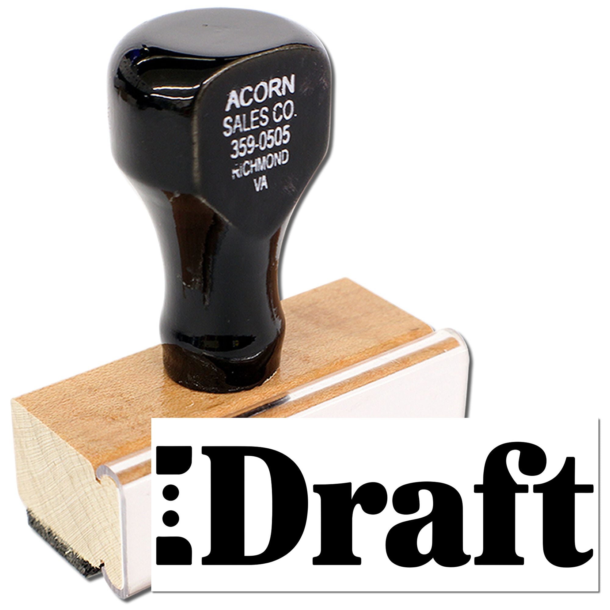 Draft rubber stamp with wooden handle for marking documents, forms, and proofs as preliminary.