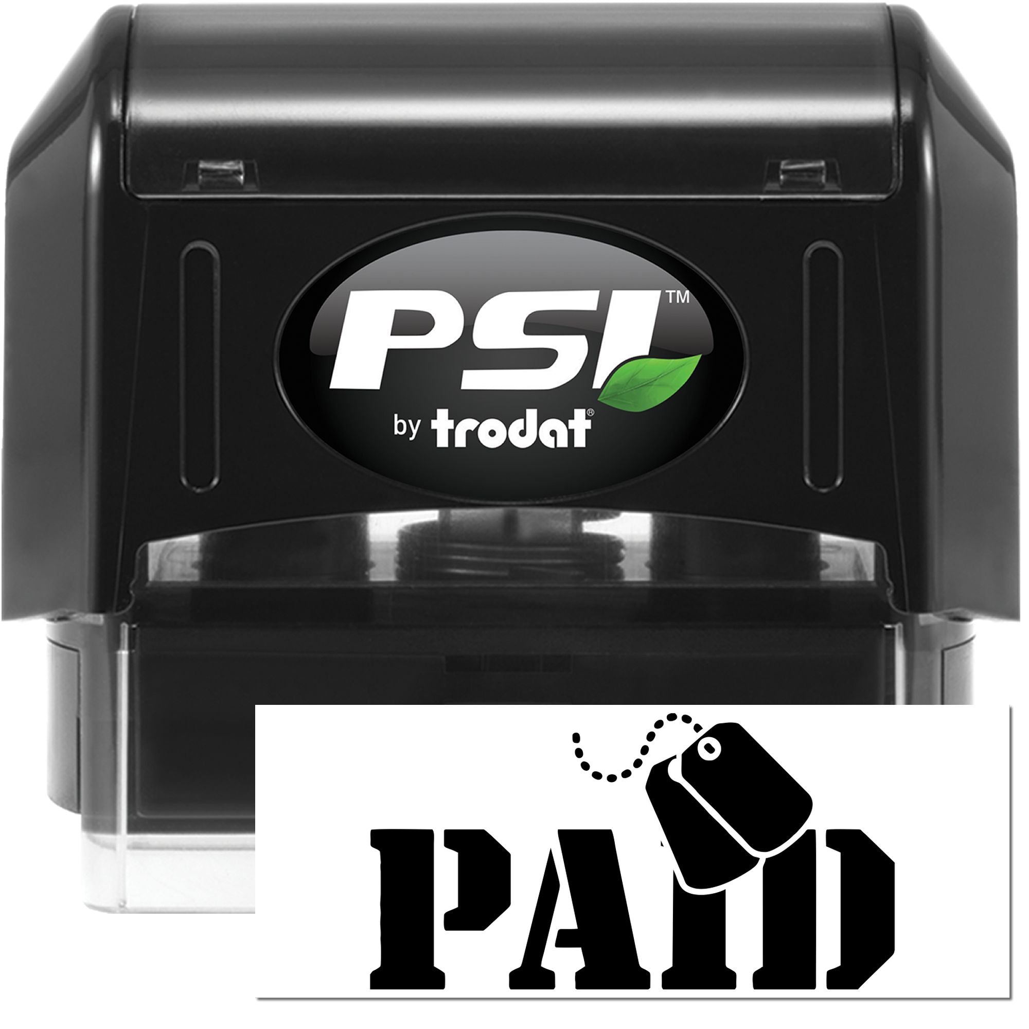 PSI by Trodat self-inking rubber stamp with PAID imprint for office payment processing.