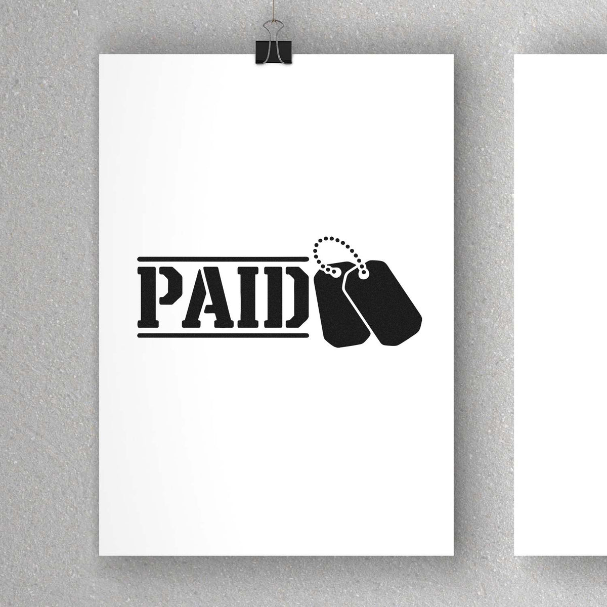 PAID rubber stamp graphic with dog tags icon for processed documents and approval marking