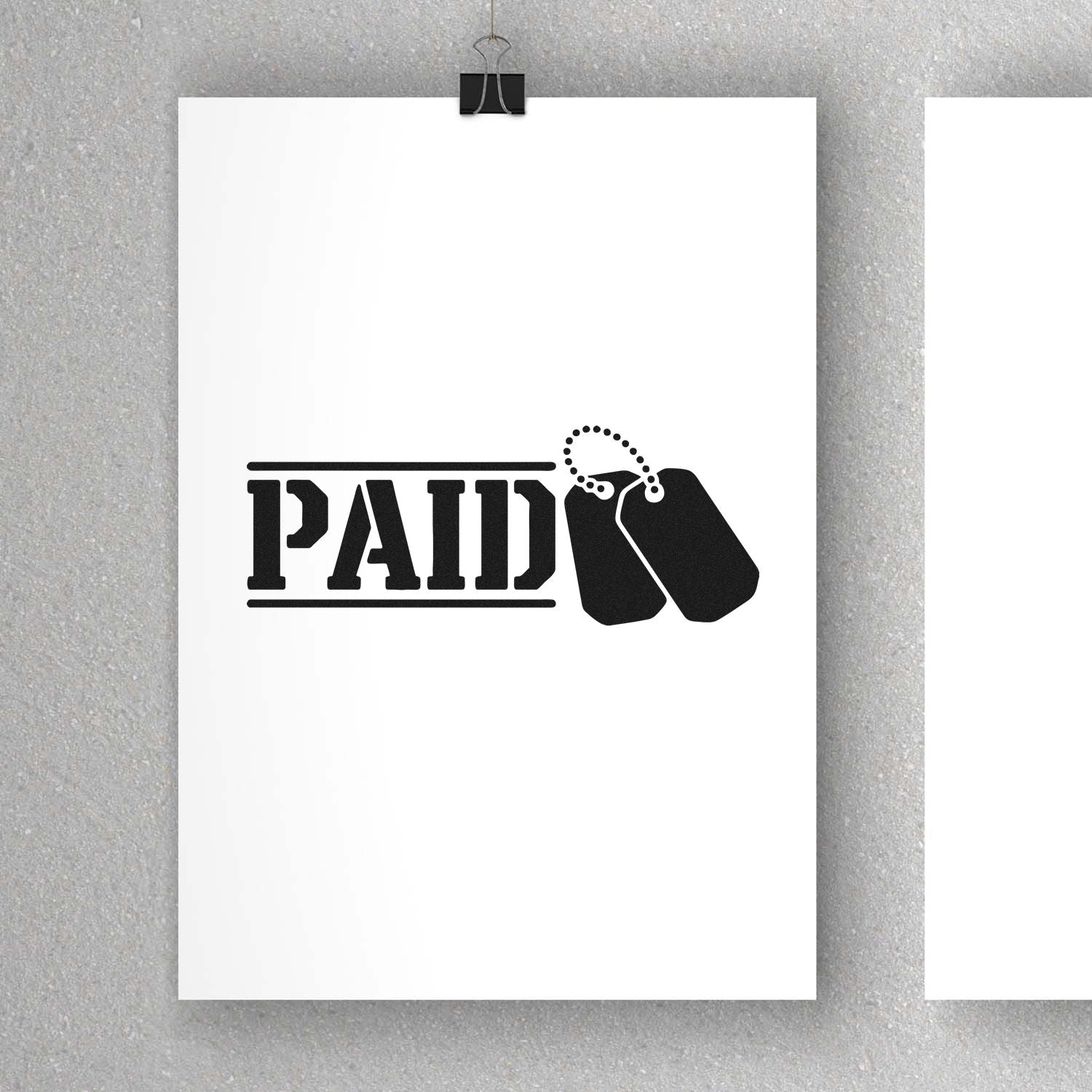 Paid rubber stamp design with dog tags icon, ideal for military, veteran, or office paperwork marking.