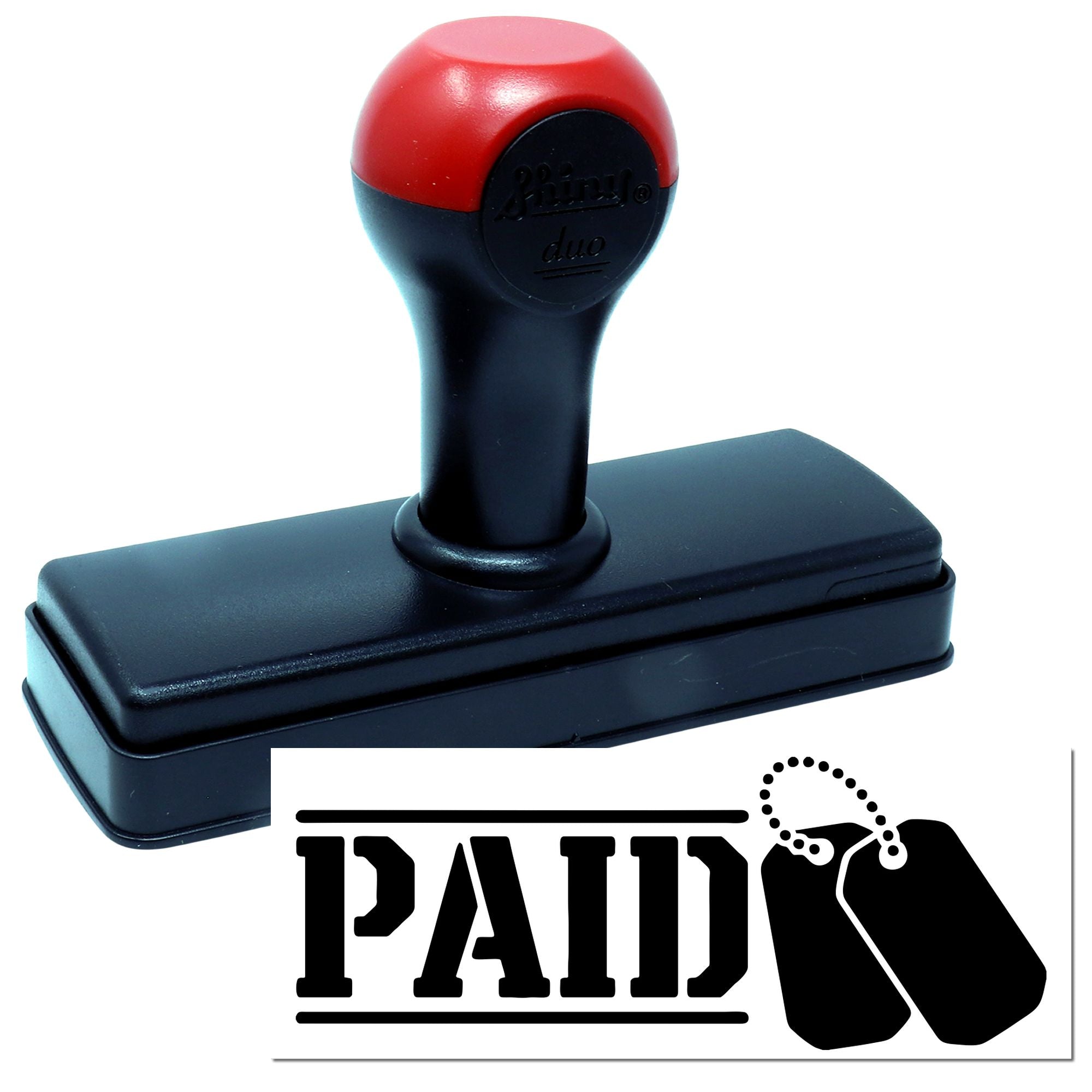 Self-inking red and black PAID rubber stamp for office paperwork and invoice processing