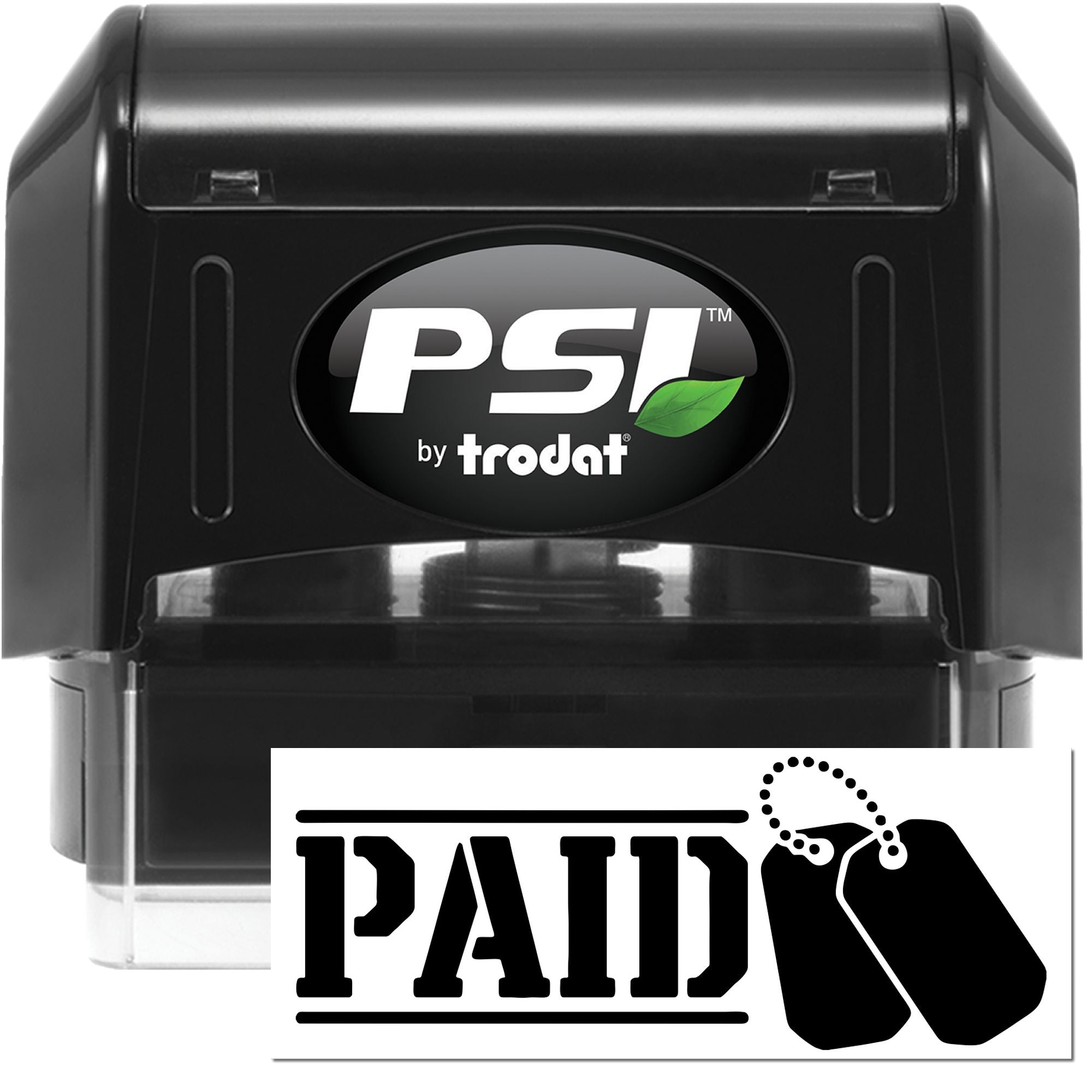 PSI by Trodat self-inking rubber stamp with PAID imprint for business document approval and payment processing.