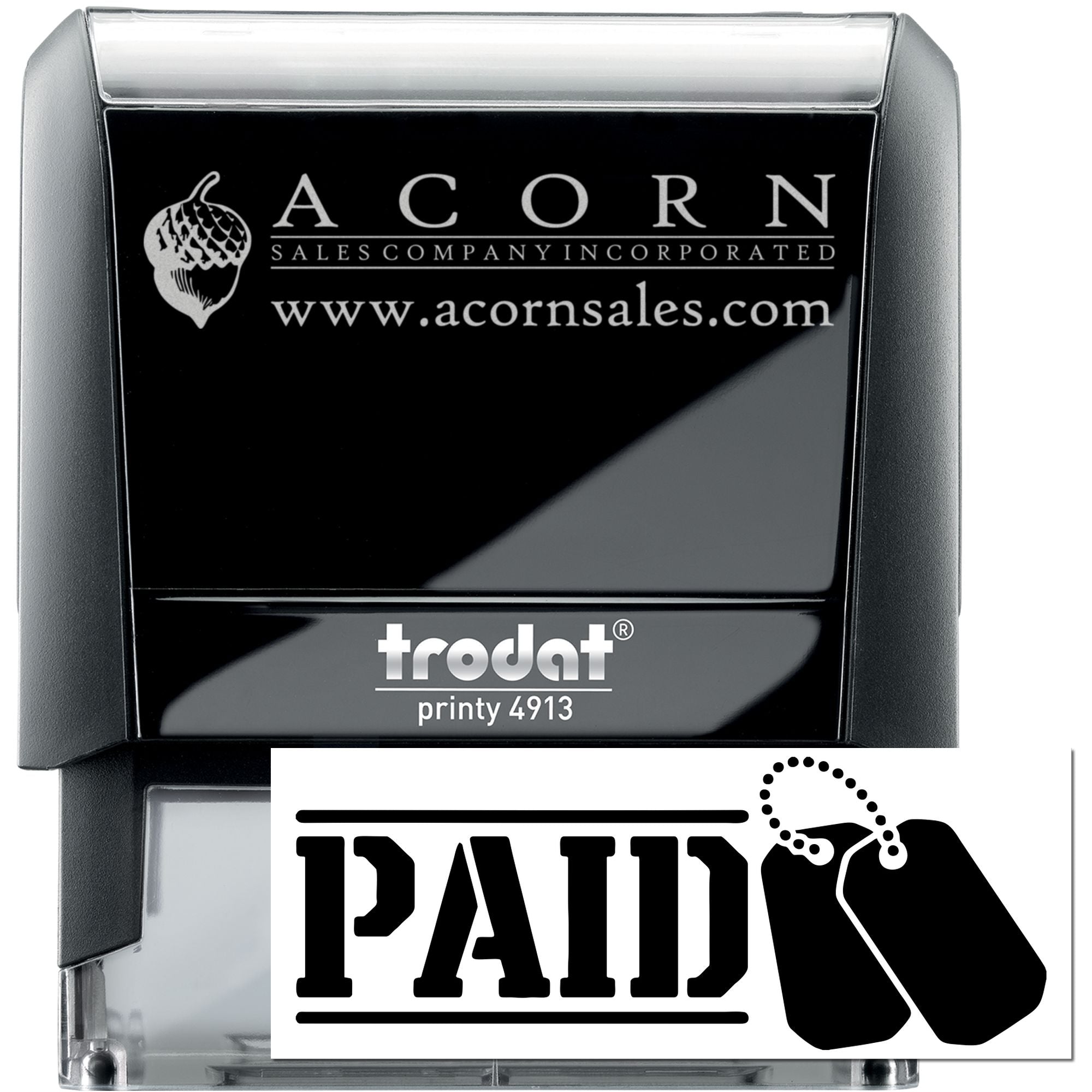 Custom self-inking rubber stamp with ACORN logo and PAID imprint for business invoicing, Trodat Printy 4913.