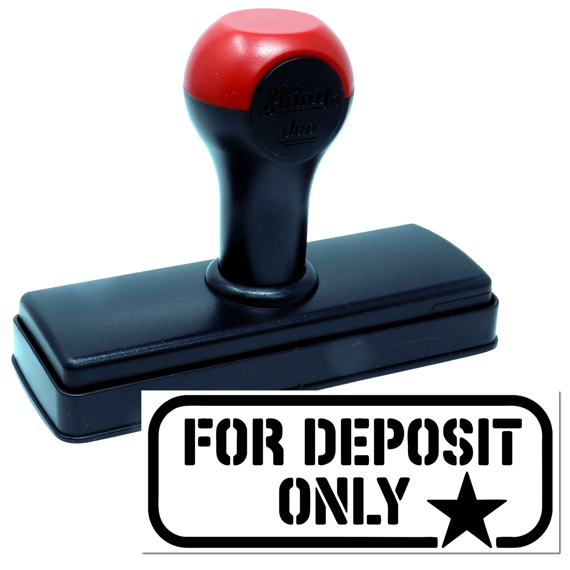 Self-inking rubber stamp with For Deposit Only imprint for bank endorsement of checks and business deposits.