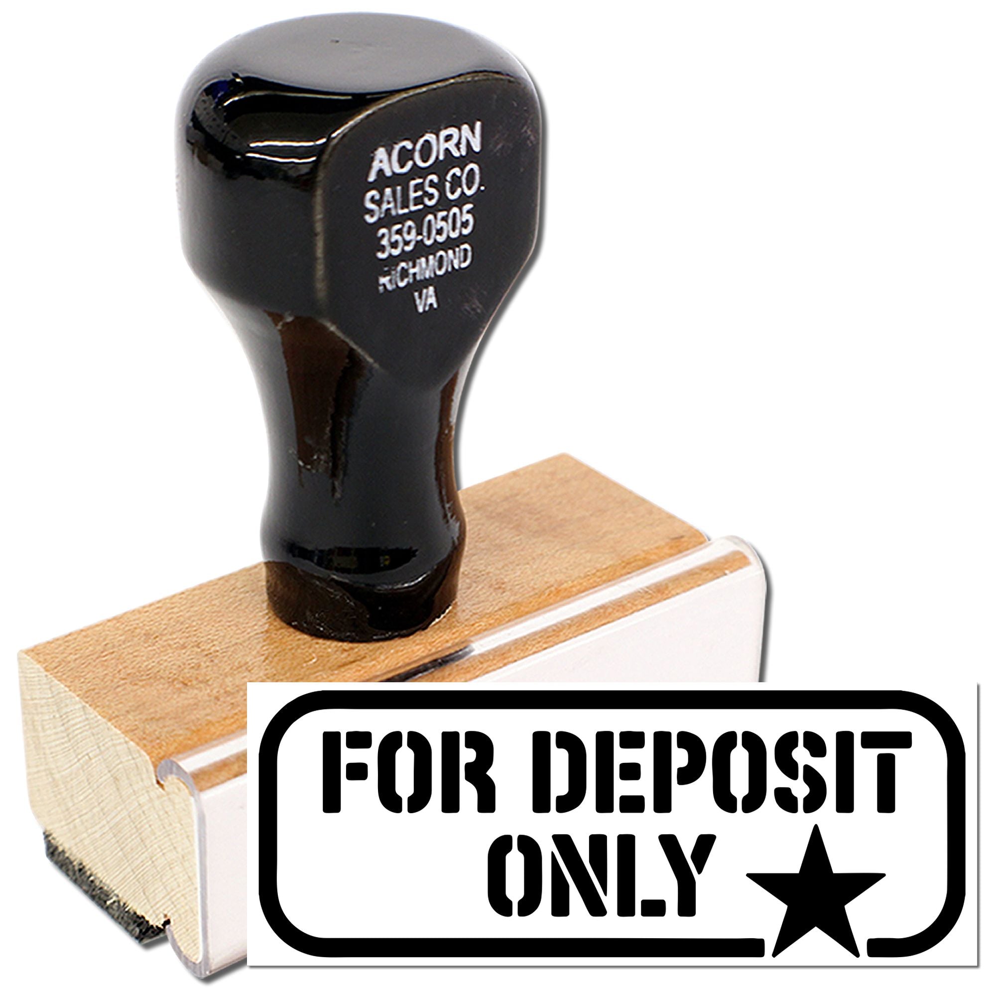 For Deposit Only rubber stamp for banking and check endorsement, with star design.