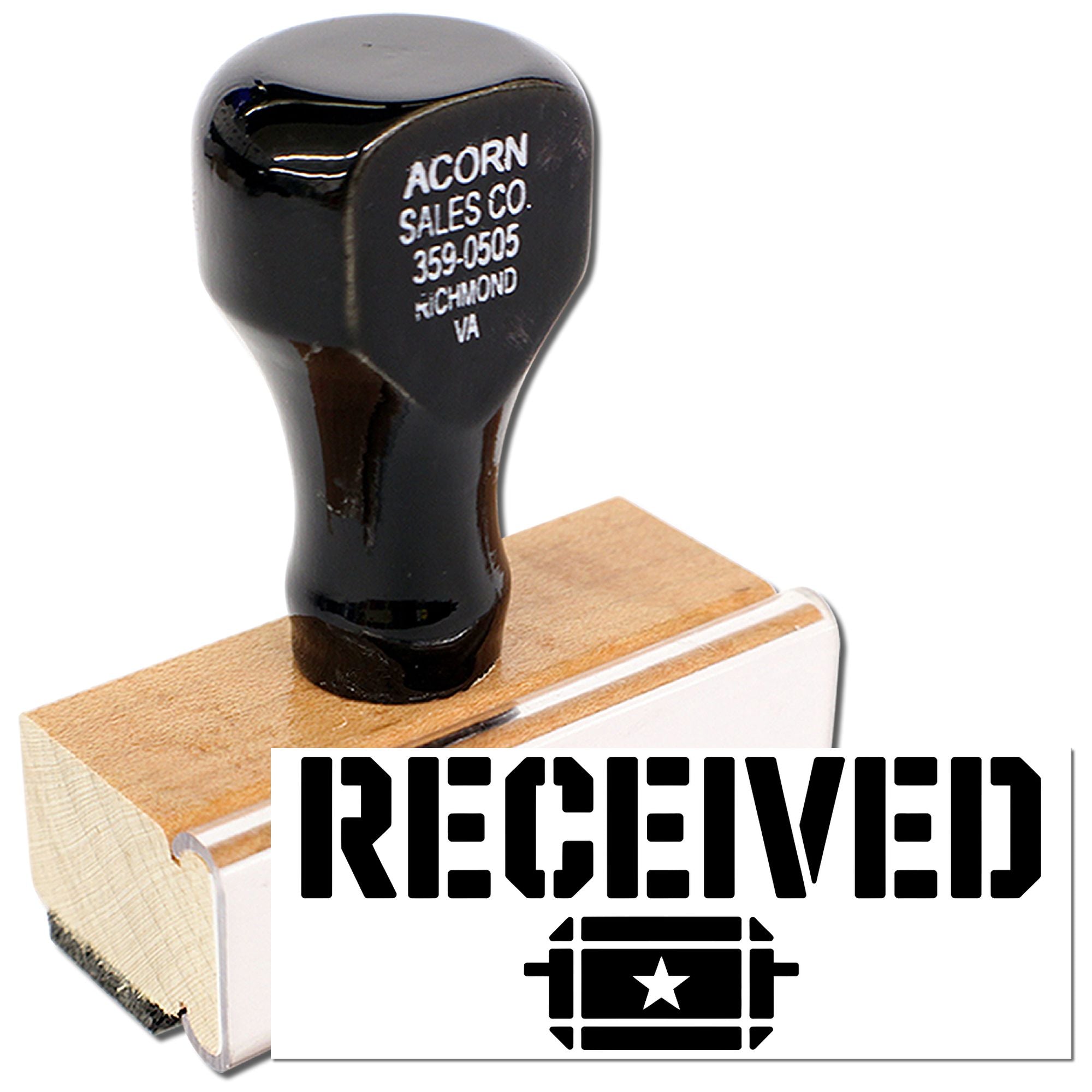 Received rubber stamp with bold office-style imprint for mail, invoices, and document processing.