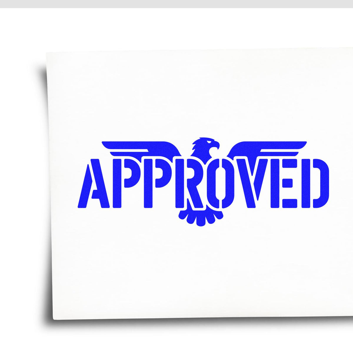 Blue APPROVED eagle rubber stamp for document approval on white paper