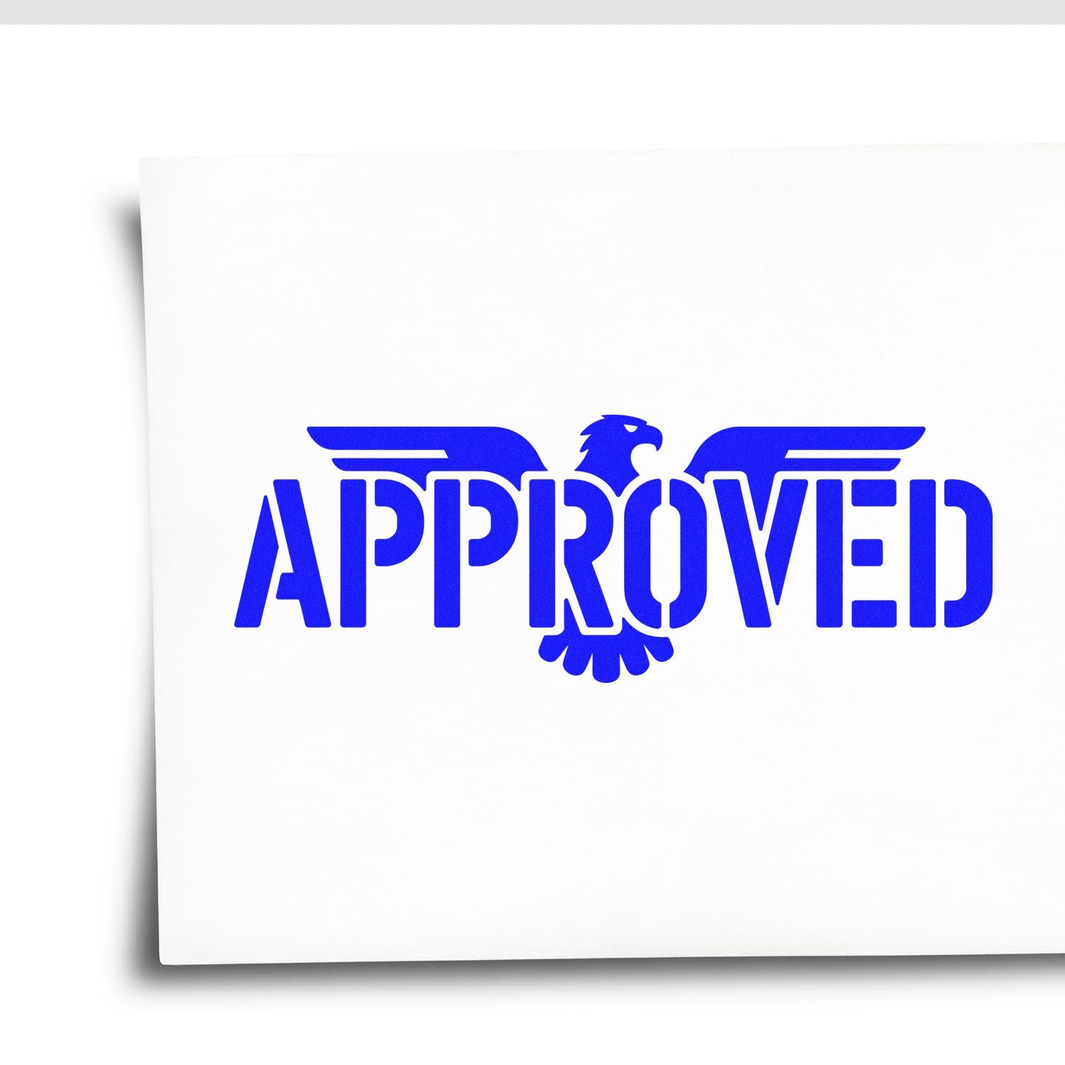 Blue APPROVED rubber stamp with eagle emblem for official document approvals on white paper.