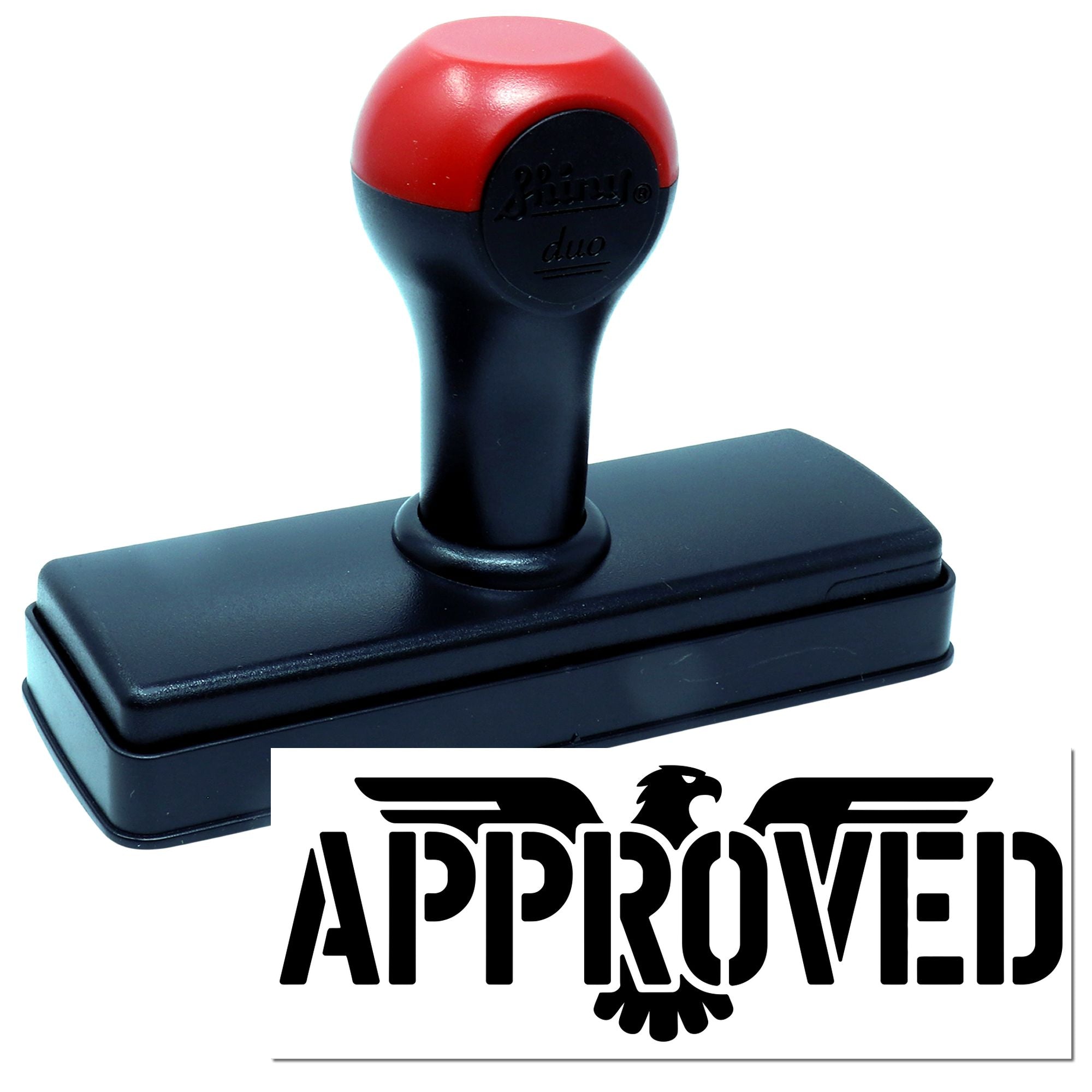 Approved rubber stamp with red and black handle, showing bold APPROVED imprint for office and quality control use.