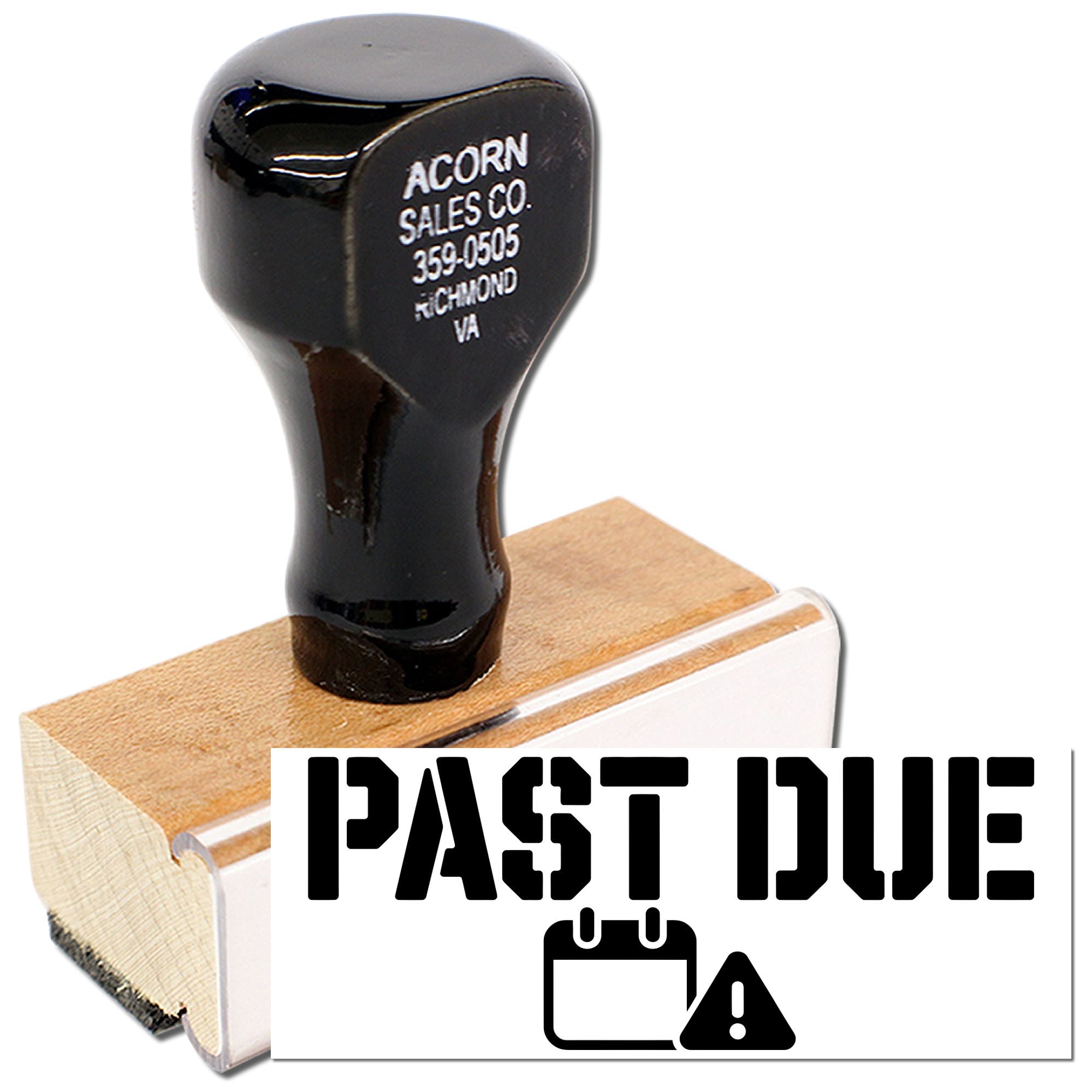 Wooden handle rubber stamp with PAST DUE message and warning icon for marking overdue invoices and documents.