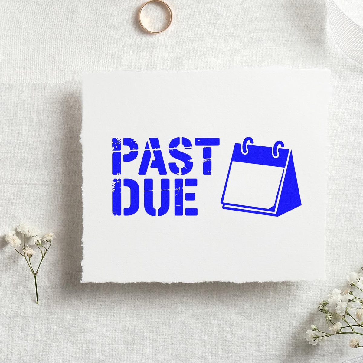 Past due custom rubber stamp with calendar icon for overdue notices, billing reminders, and office document marking.