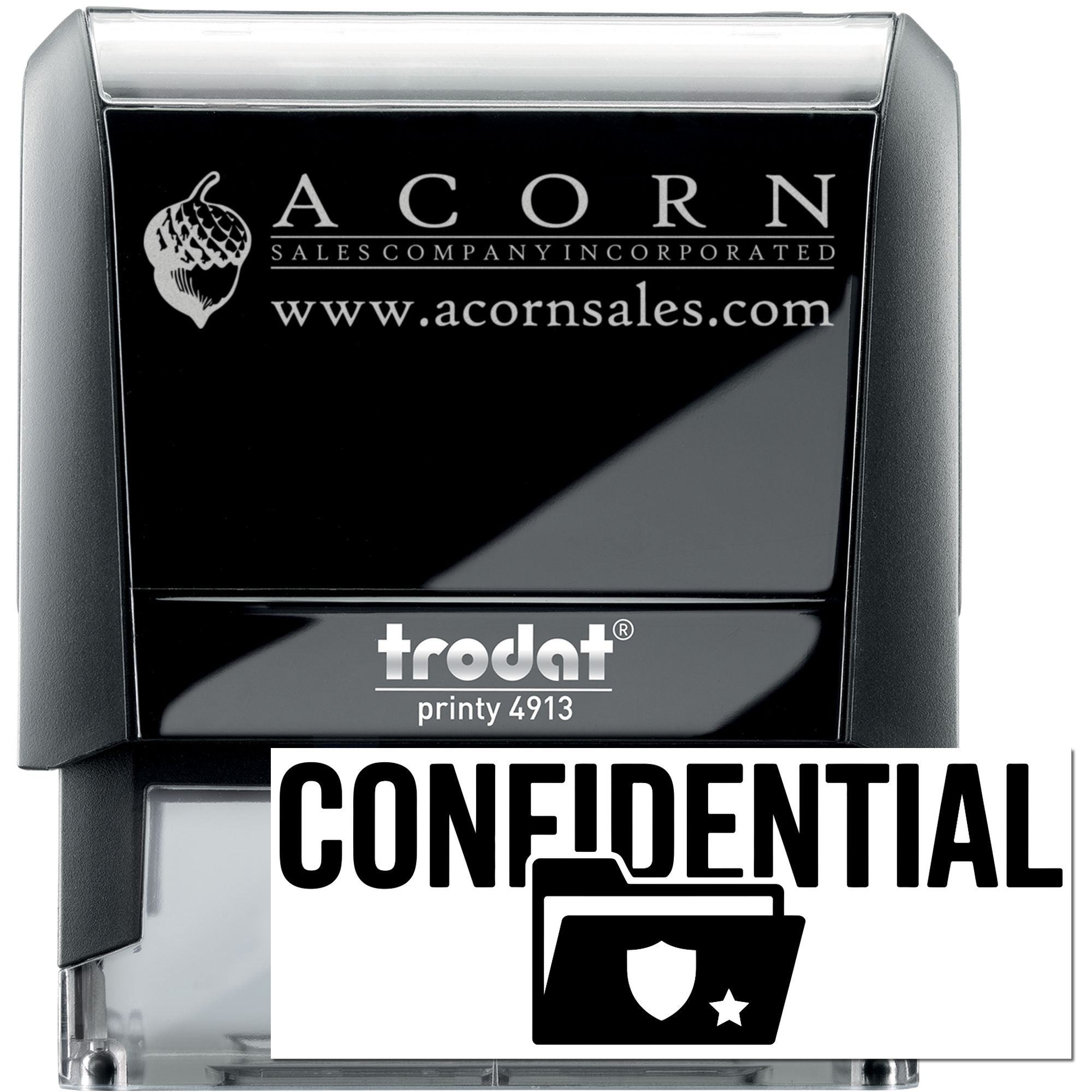 Trodat Printy 4913 custom self-inking rubber stamp for Acorn Sales Company with logo, website, and confidential marking.