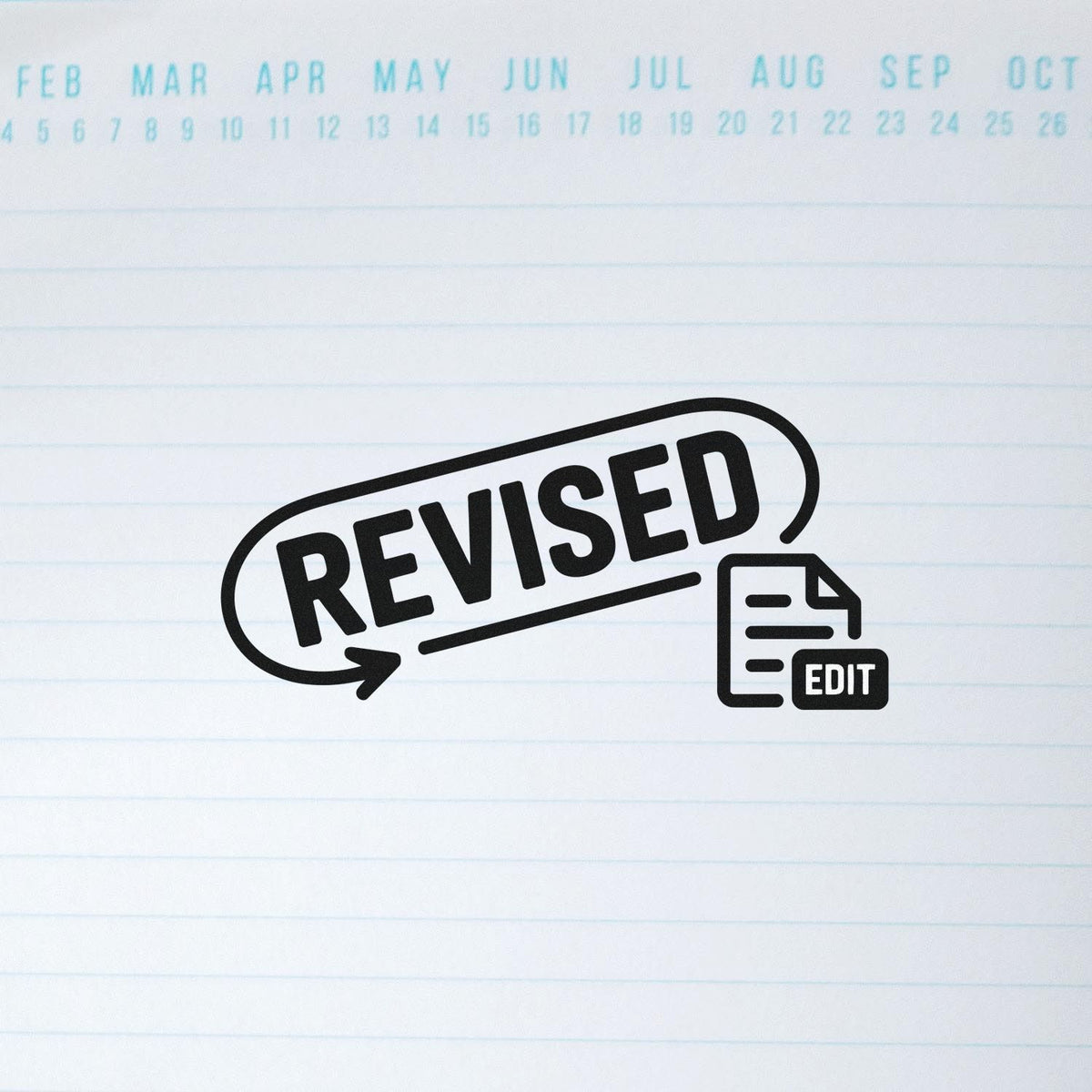 Revised rubber stamp with edit icon for document review, approvals, and office paperwork organization.