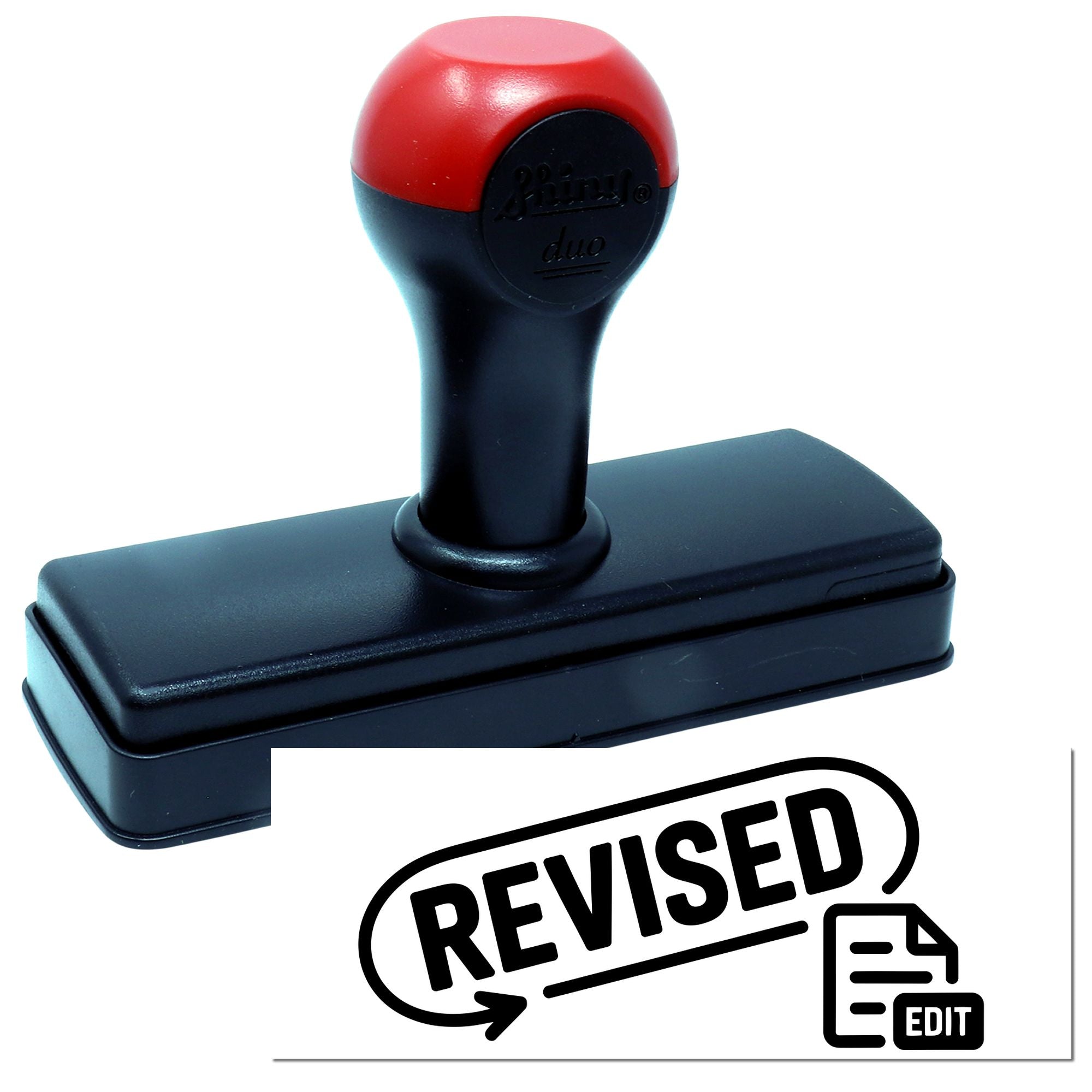 Self-inking rubber stamp with revised edit mark, ideal for document approval, office workflow, and office supplies.