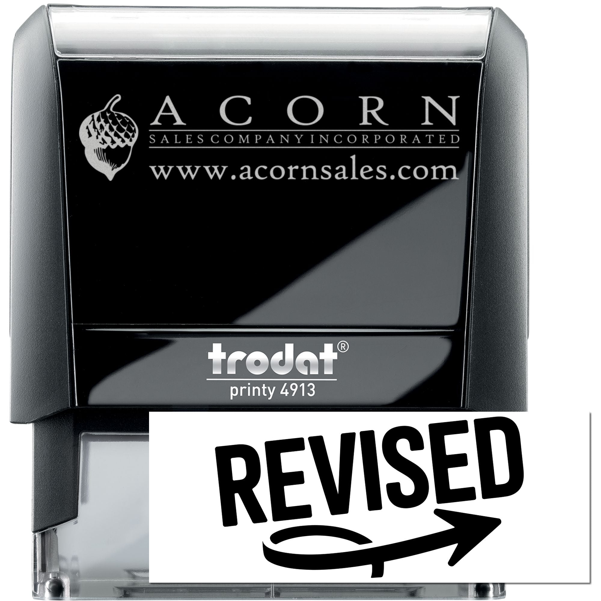 Trodat Printy 4913 self-inking rubber stamp with Acorn Sales logo and Revised impression for business documents.
