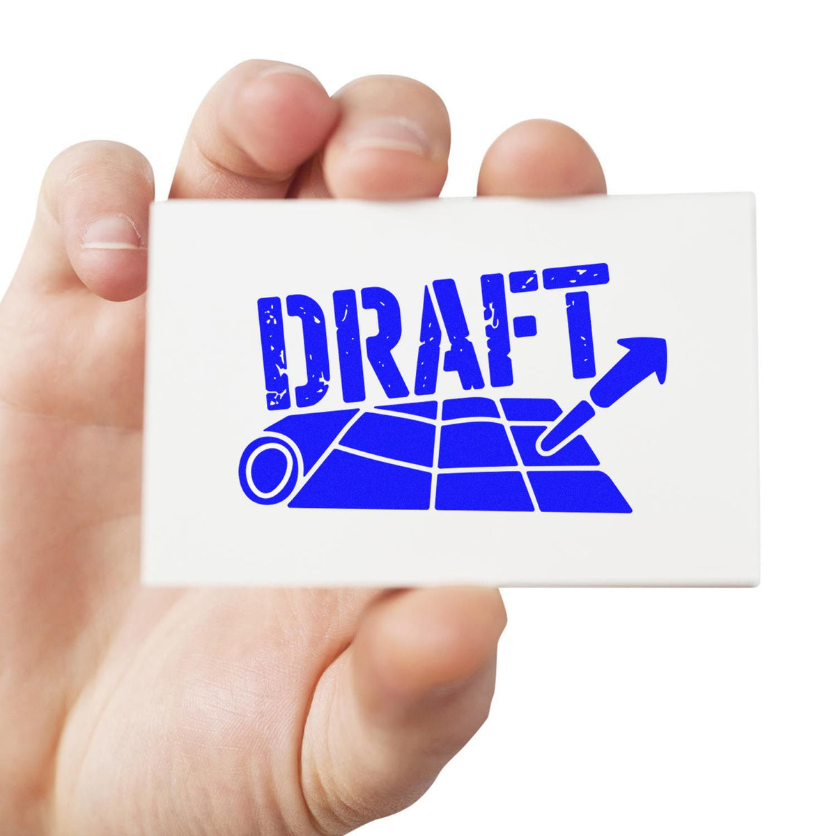 Hand holding a blue Draft rubber stamp for marking documents, forms, and proofs with an approved draft status.