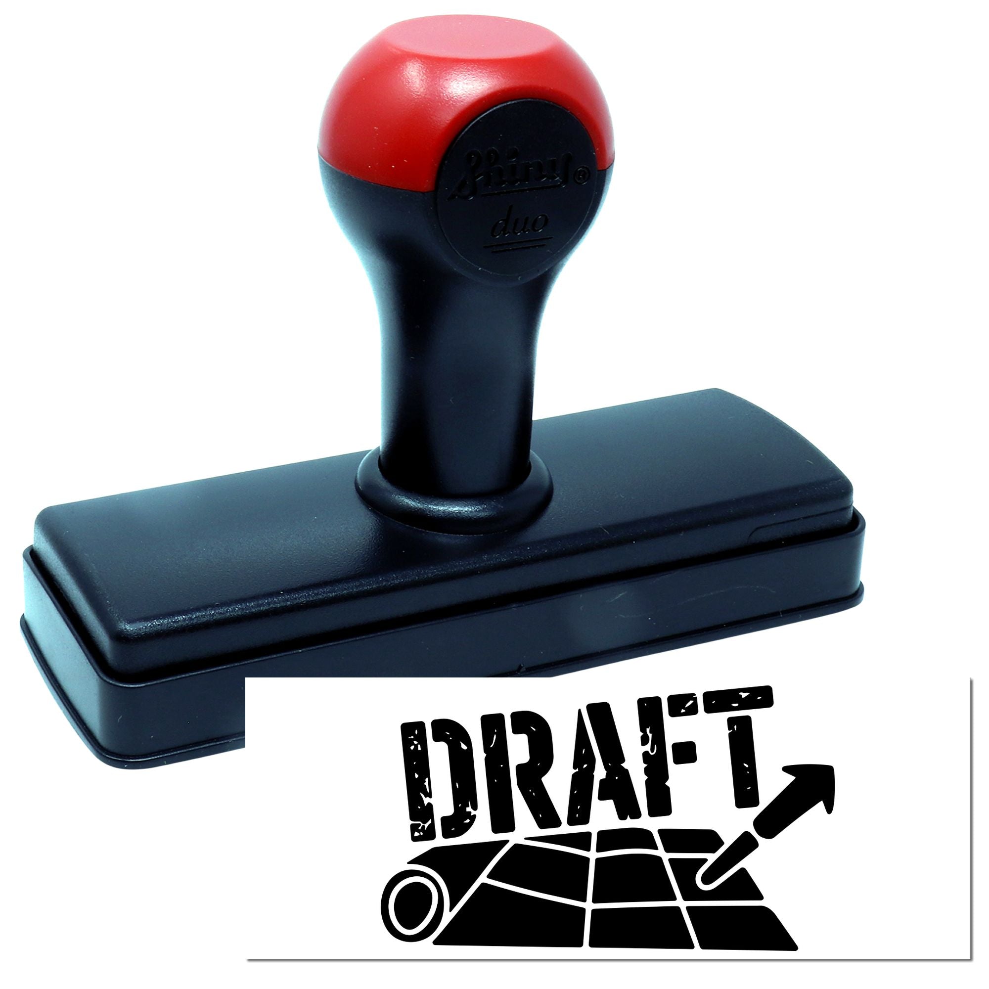 Self-inking rubber stamp with DRAFT imprint for marking documents as preliminary or not final.