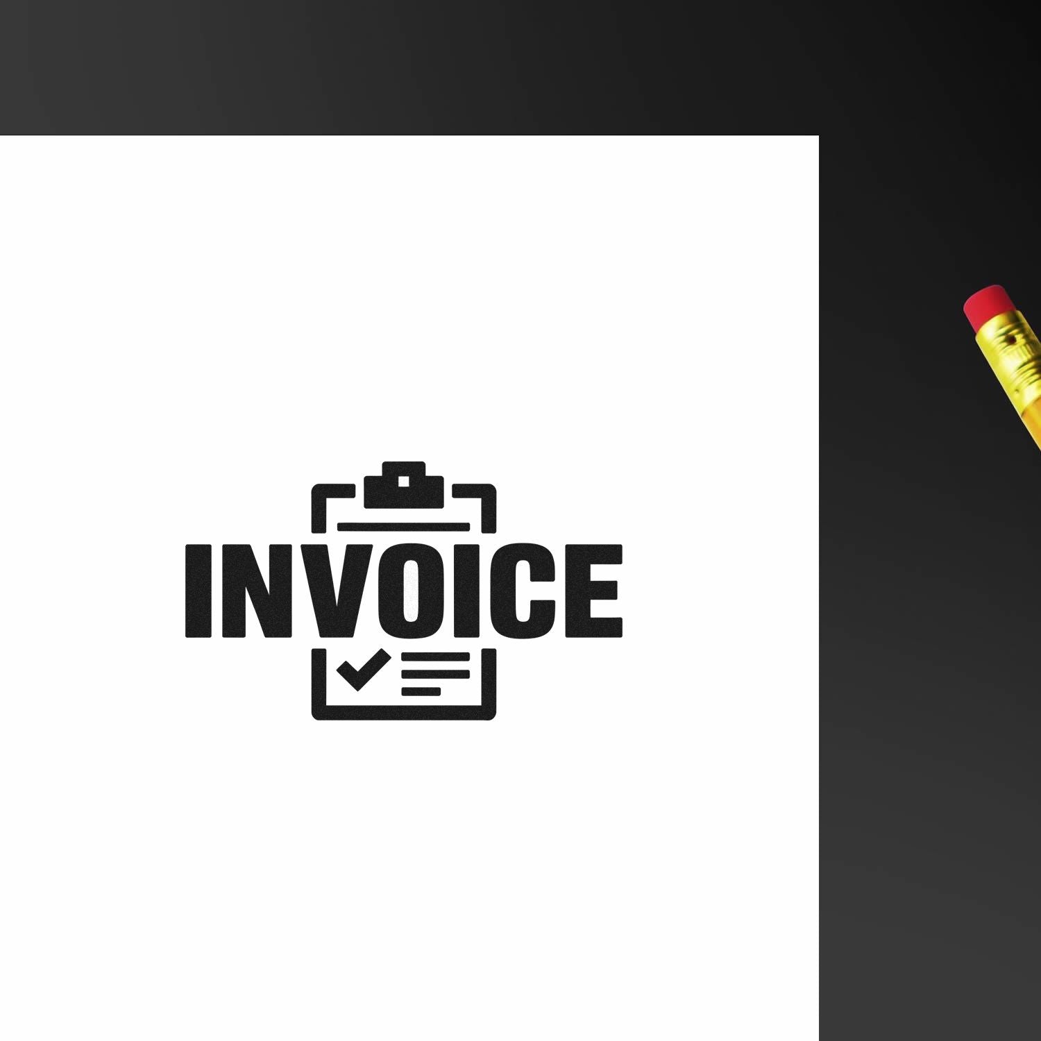Invoice rubber stamp design for billing and accounting documents, shown on white paper with clipboard icon.