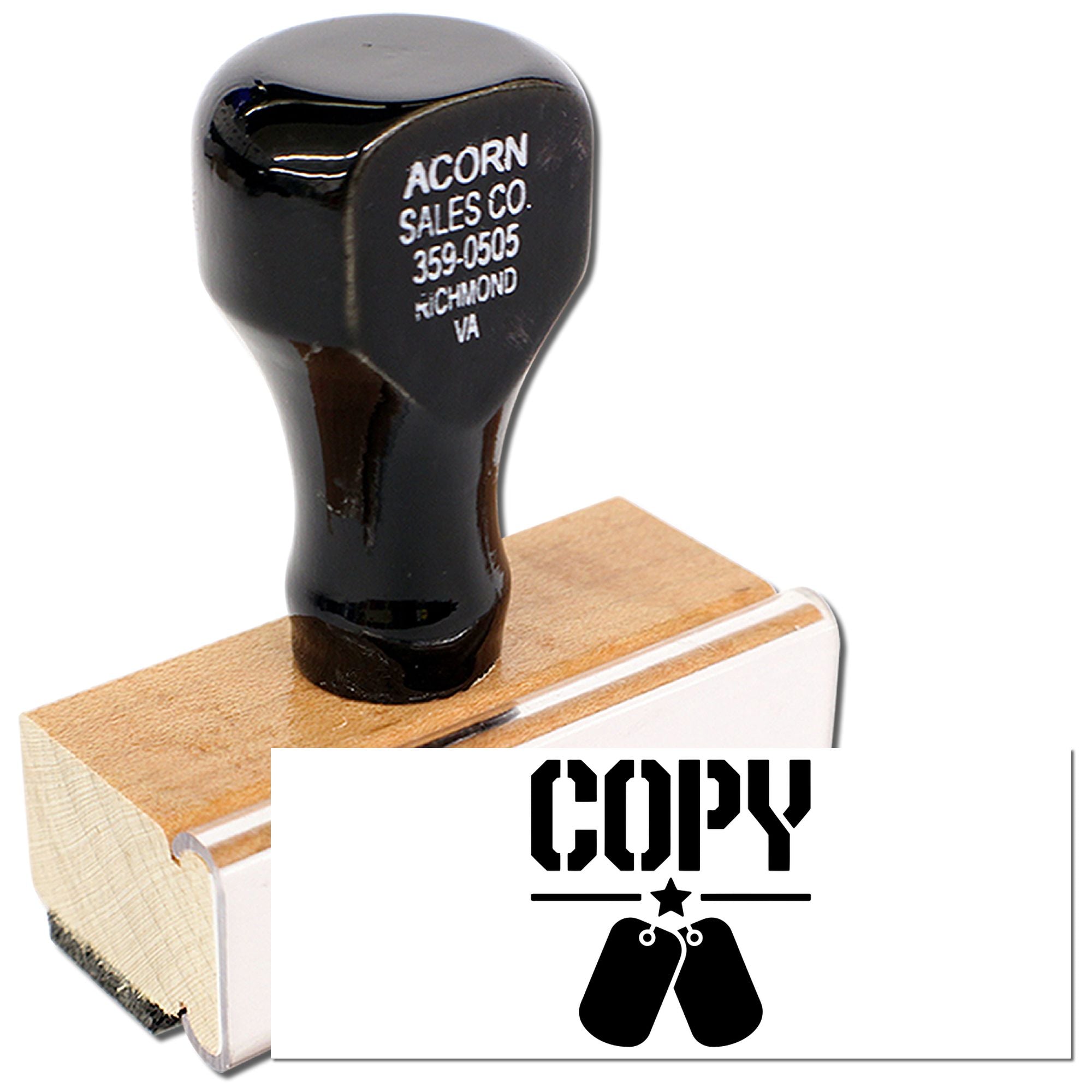 Wooden rubber copy stamp with dog tag icon for duplicate document marking