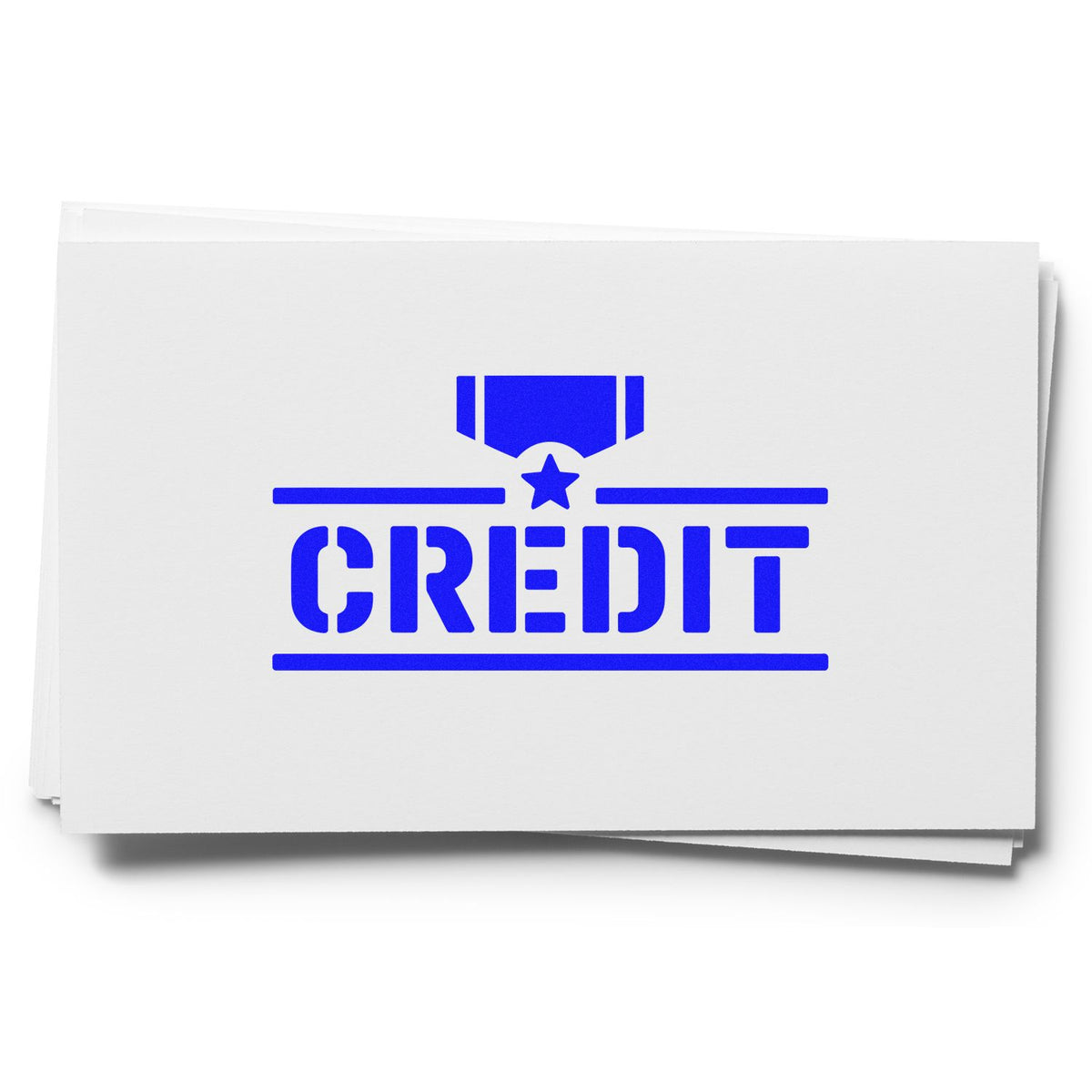 Blue CREDIT rubber stamp on stacked paper, ideal for accounting, office approvals, and financial document processing.
