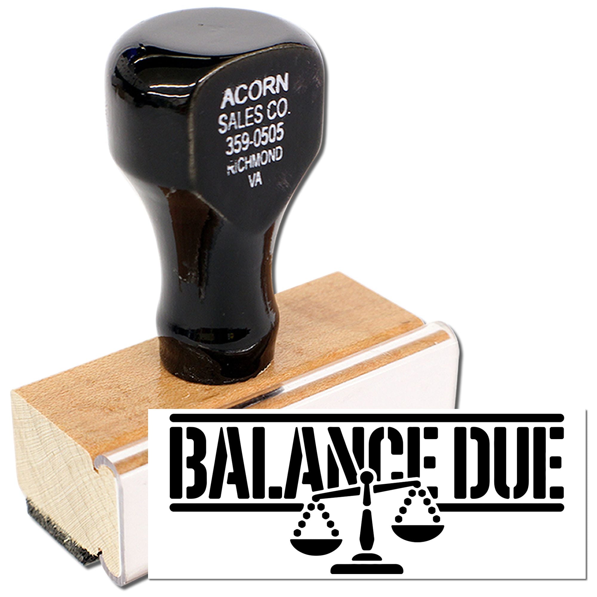Balance Due rubber stamp with scales icon, ideal for invoicing, accounting, and payment reminder paperwork.