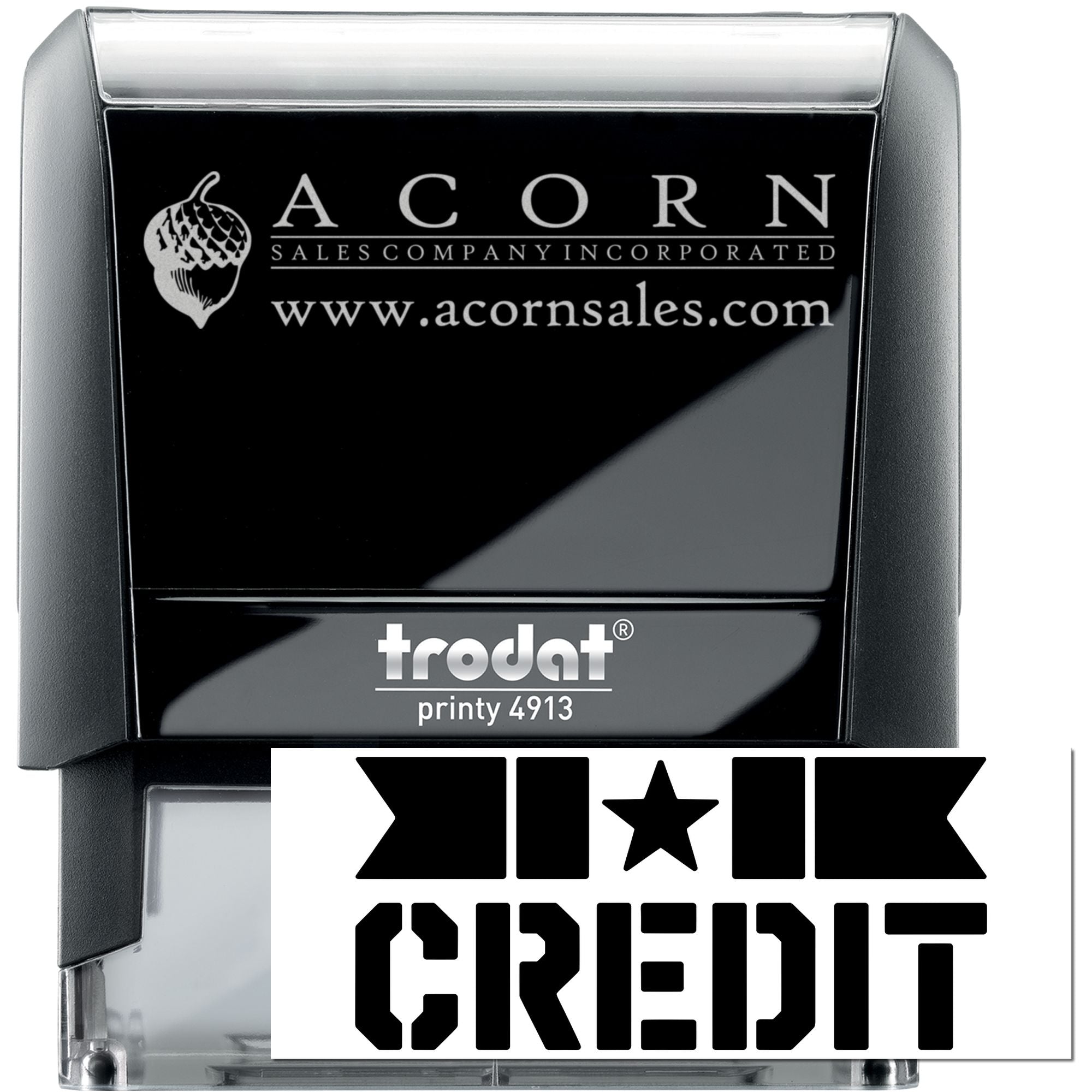 Custom Trodat self-inking rubber stamp with ACORN logo and CREDIT imprint for business accounting.