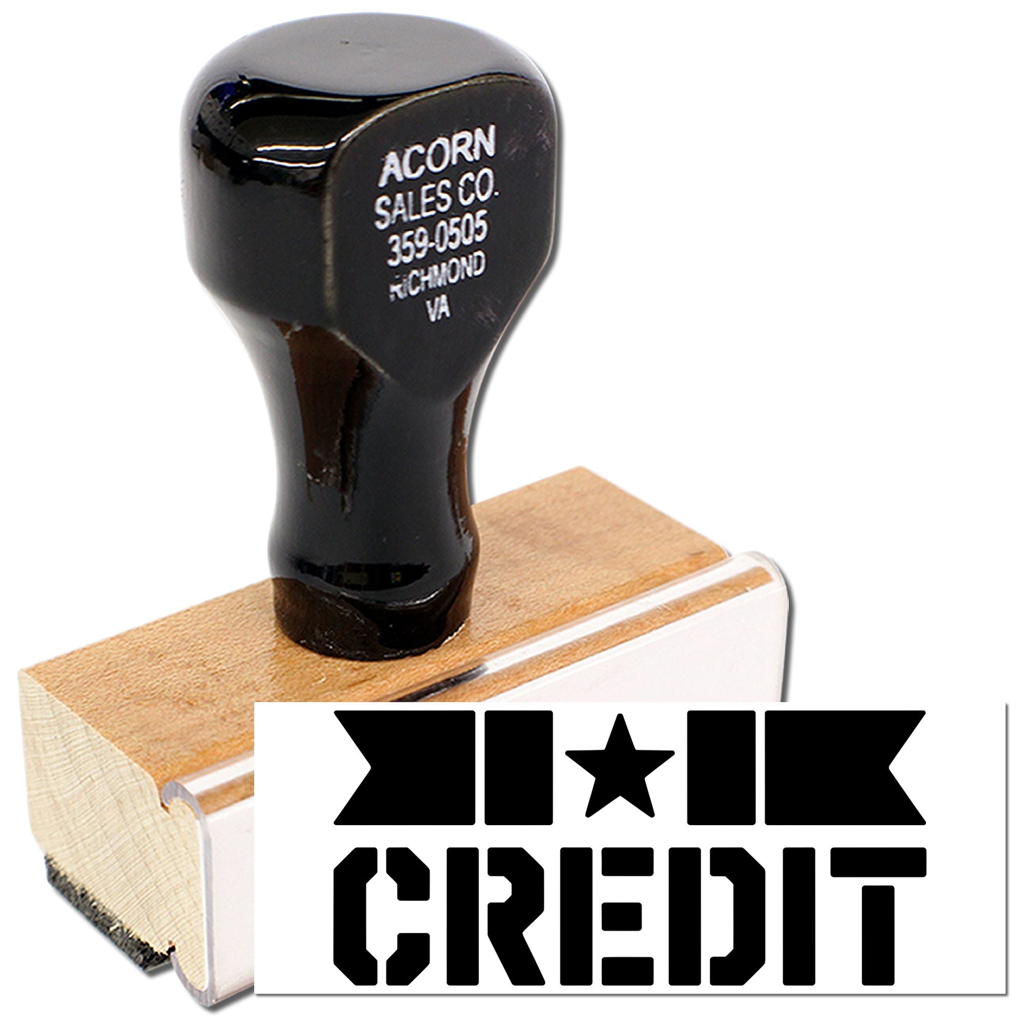 Wooden-handled rubber credit stamp for invoices, receipts, and sales documents.