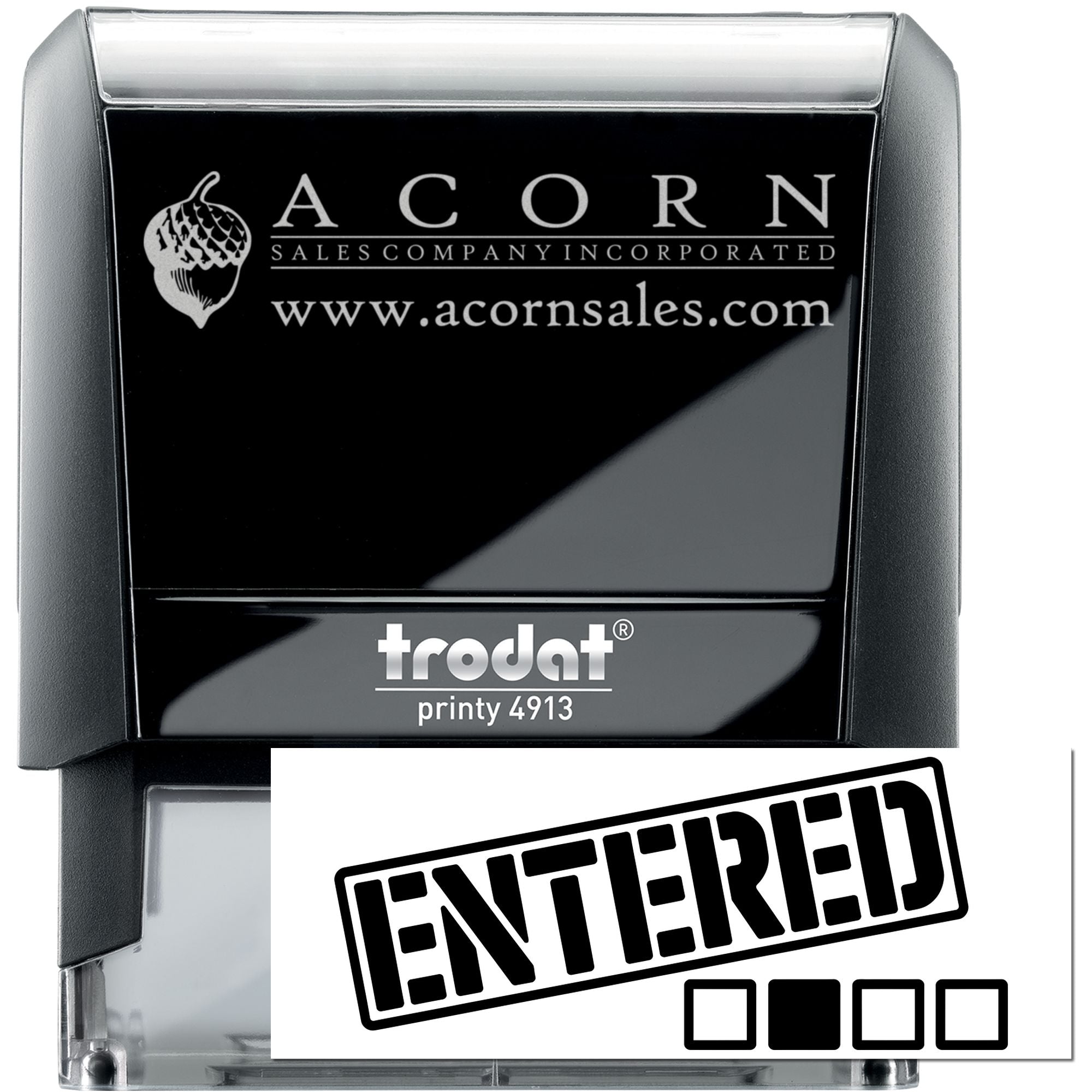 Custom self-inking Trodat Printy 4913 rubber stamp for Acorn Sales Company Inc. with logo, website and ENTERED imprint.