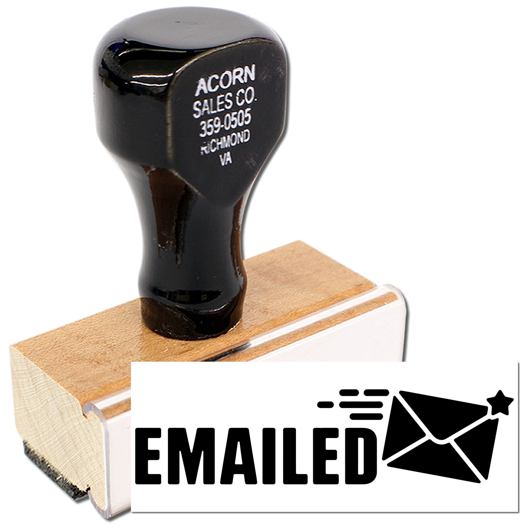 Custom rubber stamp with Emailed imprint and envelope icon for marking office mail and correspondence.