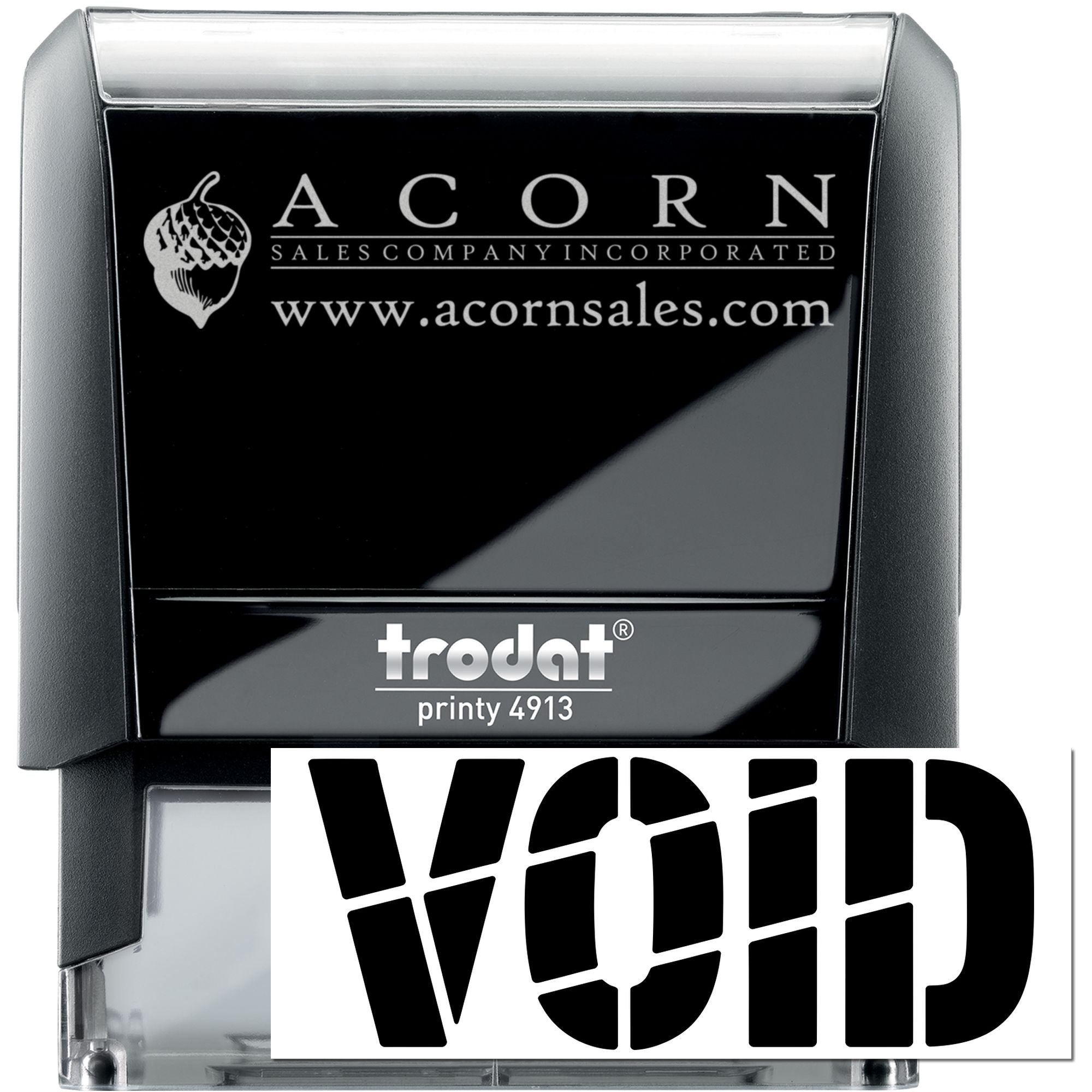 Custom Trodat Printy 4913 self-inking rubber stamp with VOID imprint and Acorn Sales Company logo for document security.
