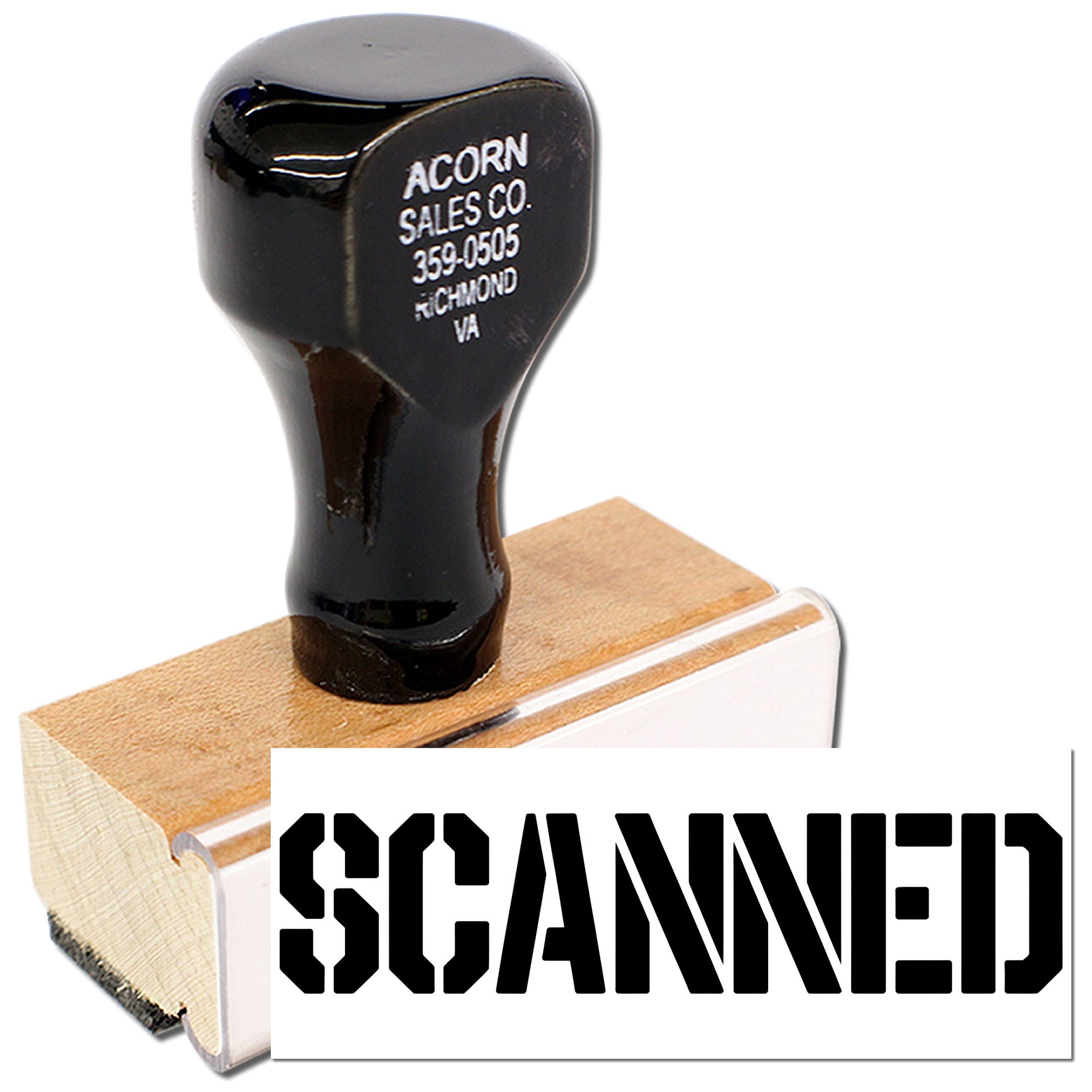 Custom rubber stamp with SCANNED imprint for office document processing and record-keeping.