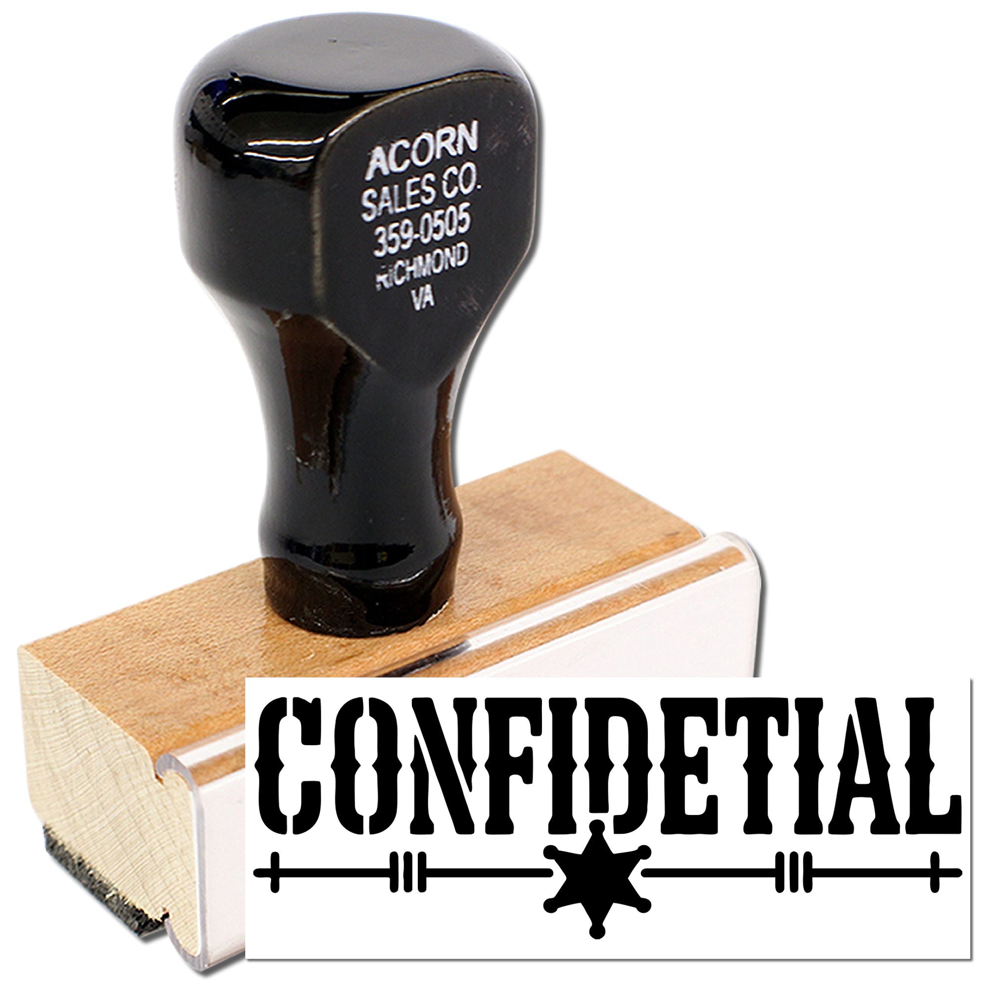 Confidential rubber stamp with wooden handle for marking secure office documents and paperwork.
