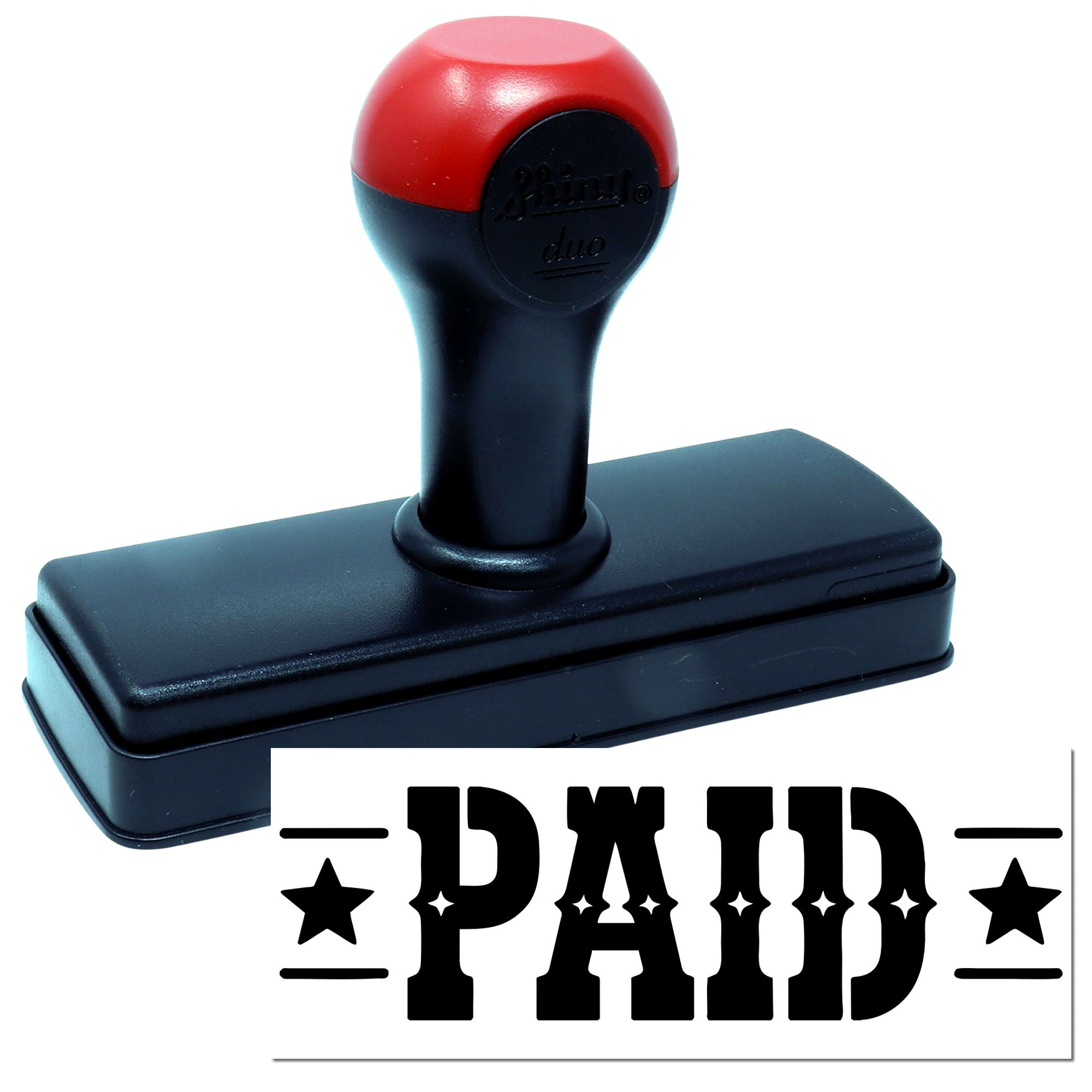 Self-inking PAID rubber stamp with bold PAID imprint for office billing and invoice processing.