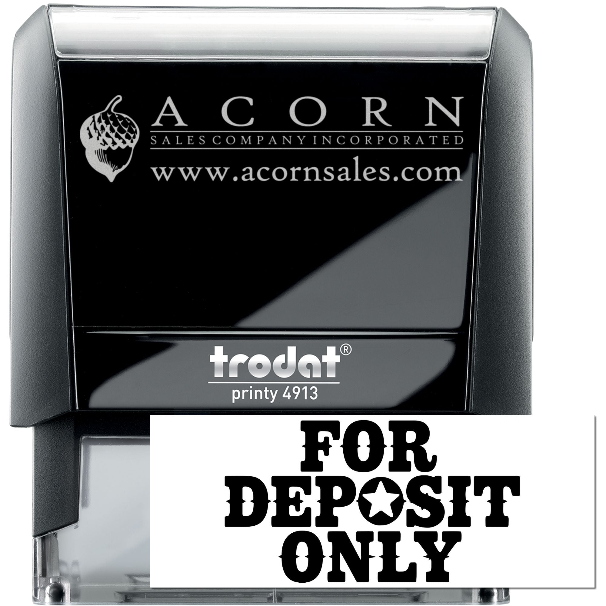 Custom self-inking rubber stamp with company logo and For Deposit Only imprint for business banking.