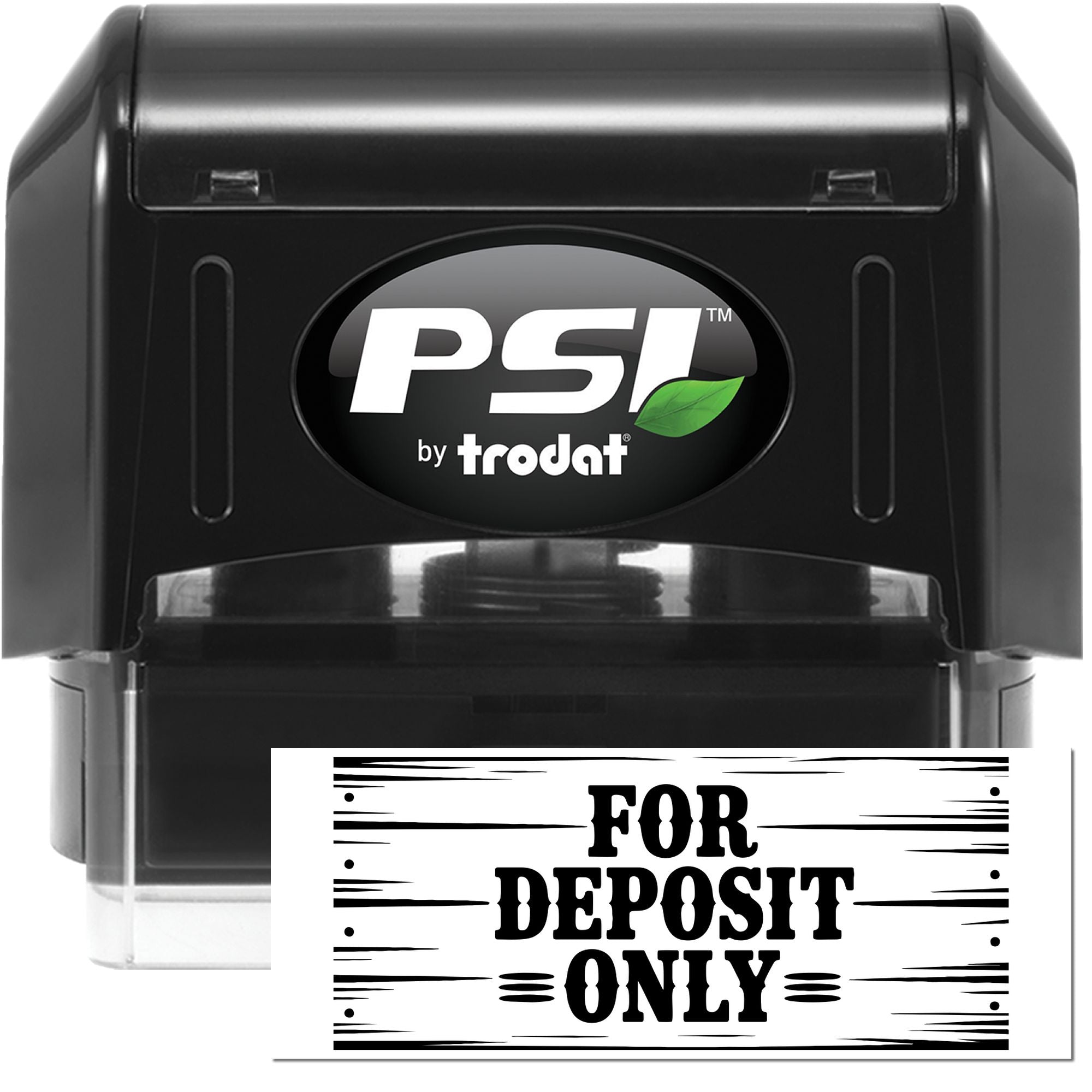 PSI by Trodat self-inking rubber stamp with For Deposit Only bank endorsement imprint.
