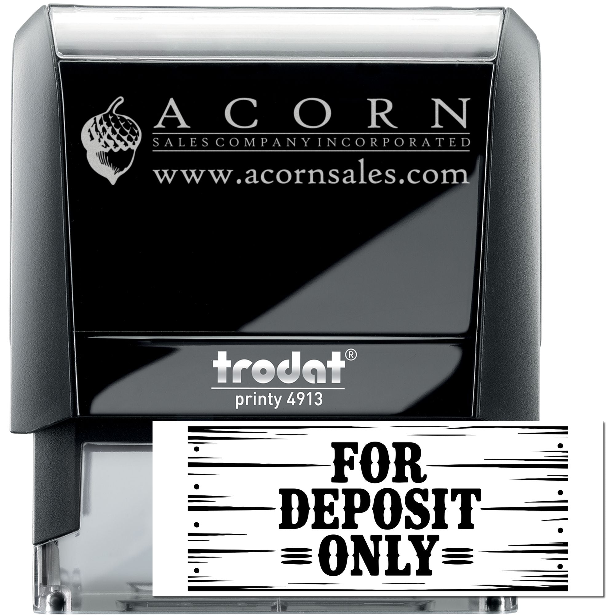 Custom self-inking rubber stamp, Trodat Printy 4913, with Acorn Sales logo and For Deposit Only imprint.