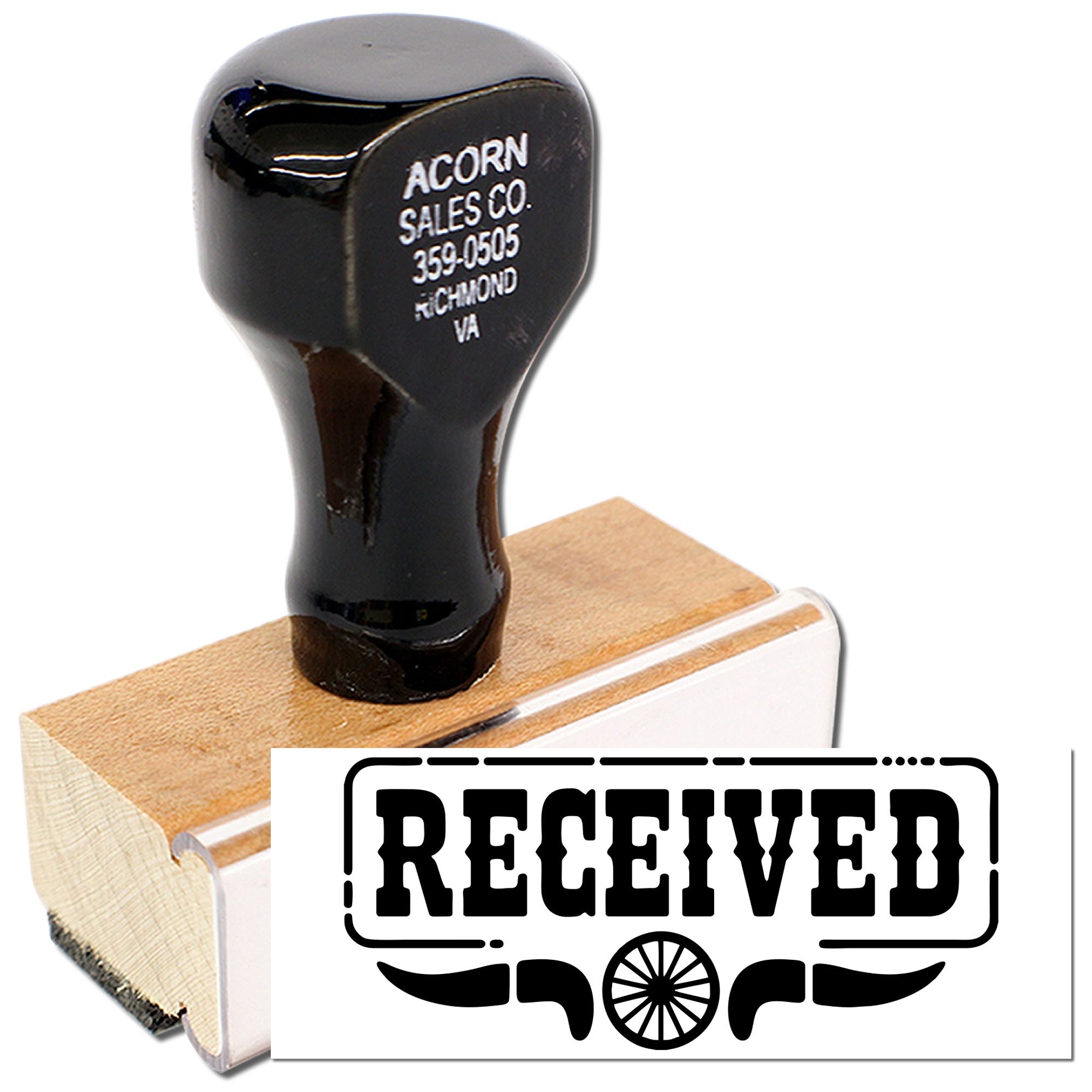 Custom rubber stamp with RECEIVED imprint for office mail processing, document approval, and business record keeping.