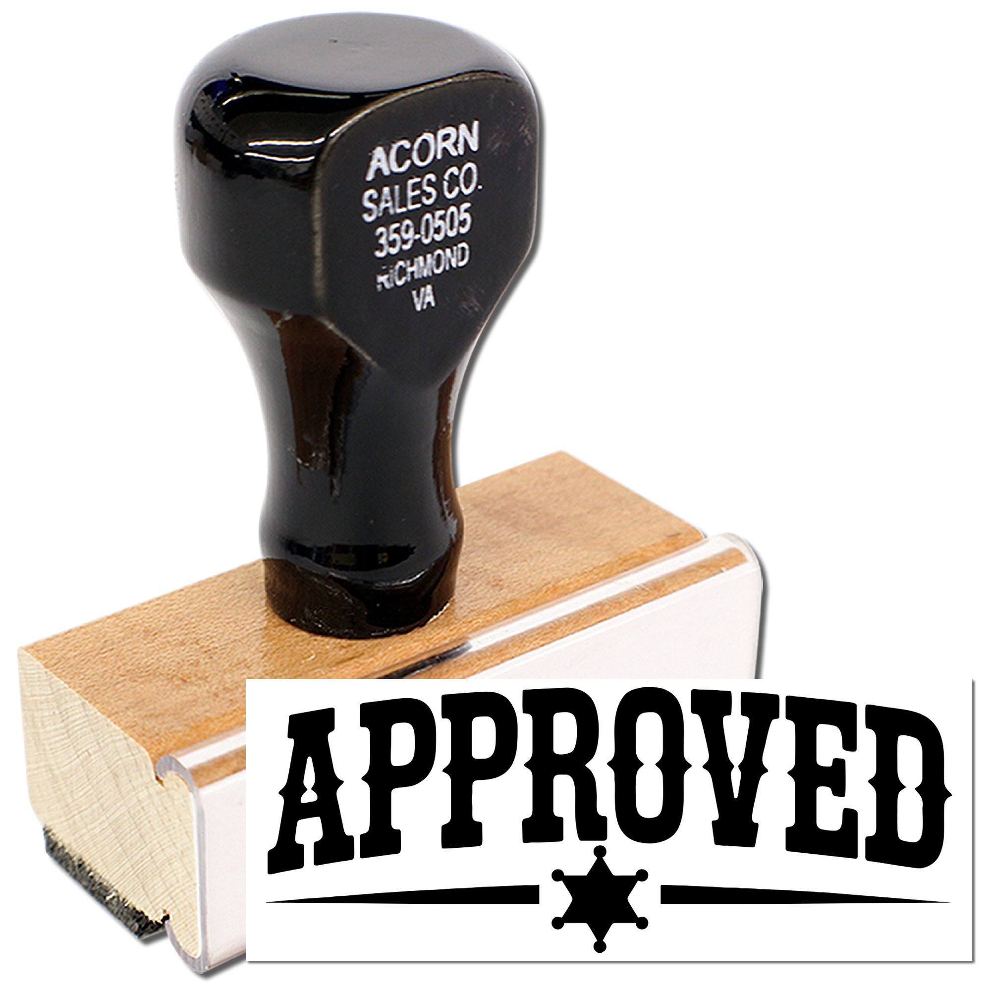 Wood handle rubber stamp with APPROVED impression for office paperwork, business approval, and document processing.