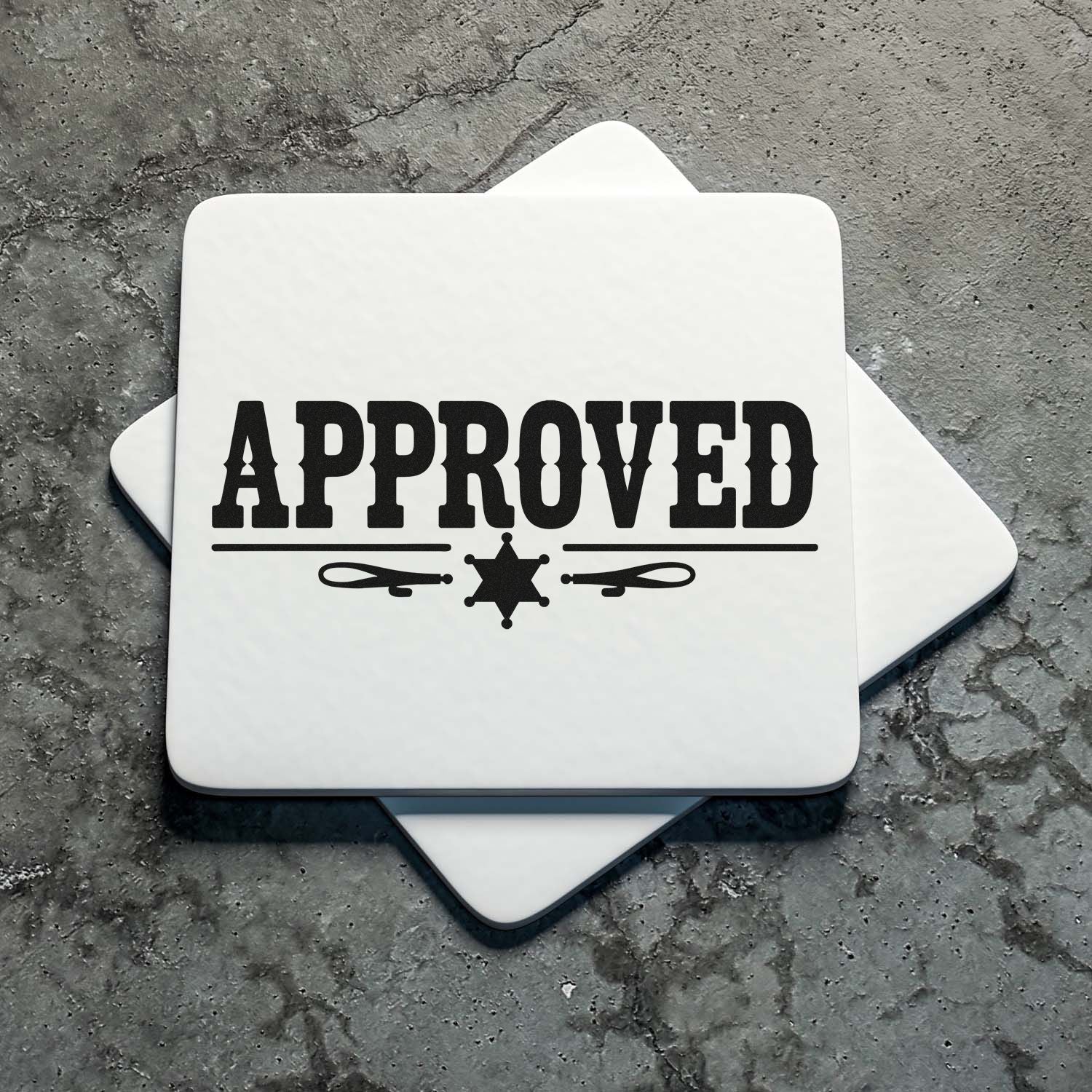Custom Approved rubber stamp design for office paperwork, featuring bold vintage-style text on a white stamp block.