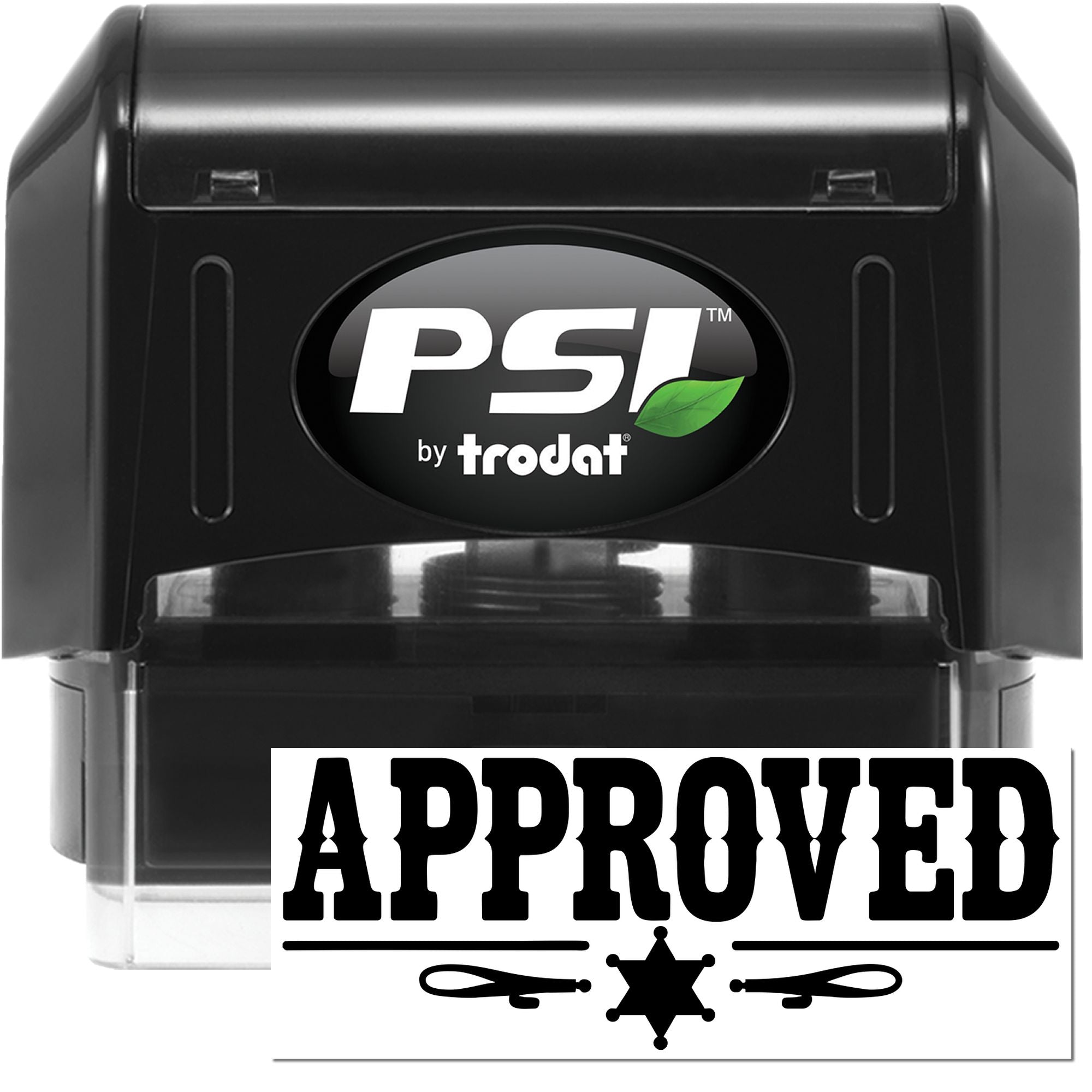 PSI by Trodat self-inking rubber stamp with Approved imprint for office document approval.